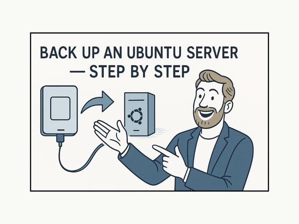 Man in blue suit smiling and pointing at a hard drive and server icon with Ubuntu logo. Text: 