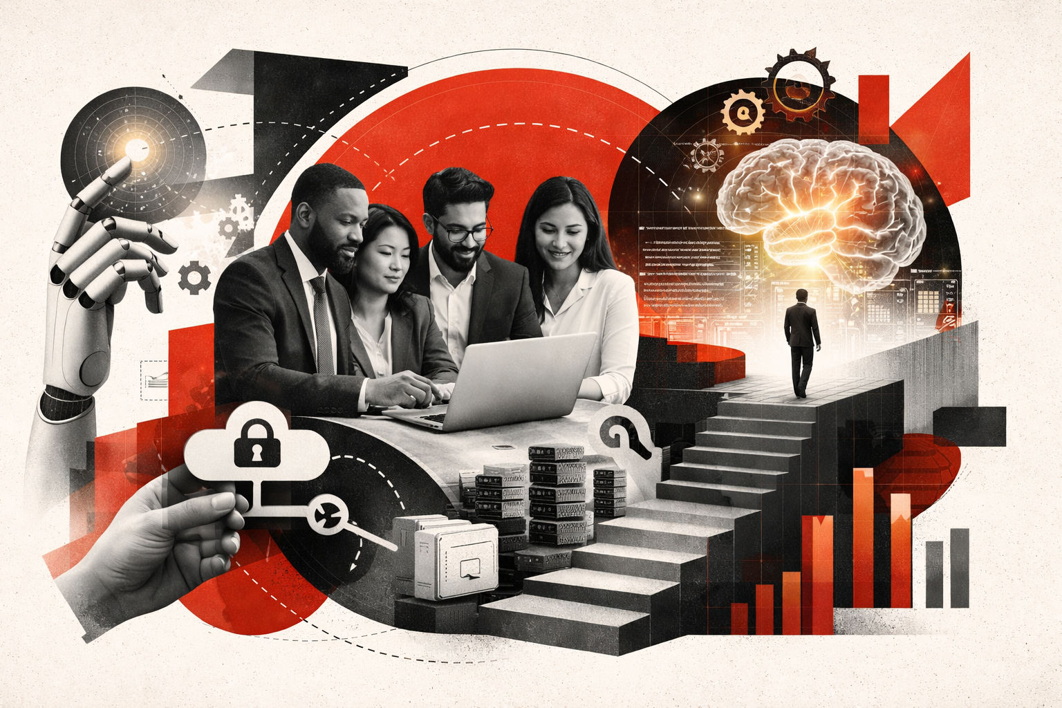 Editorial digital collage, B&W photographic cut-outs, cream paper background, bold geometric colour blocks, constructivist poster influence, surreal symbolic composition, tactile handmade feel, related to the subject of 45 Questions to Ask Before Designing Your Next Learning Intervention In The Age of AI