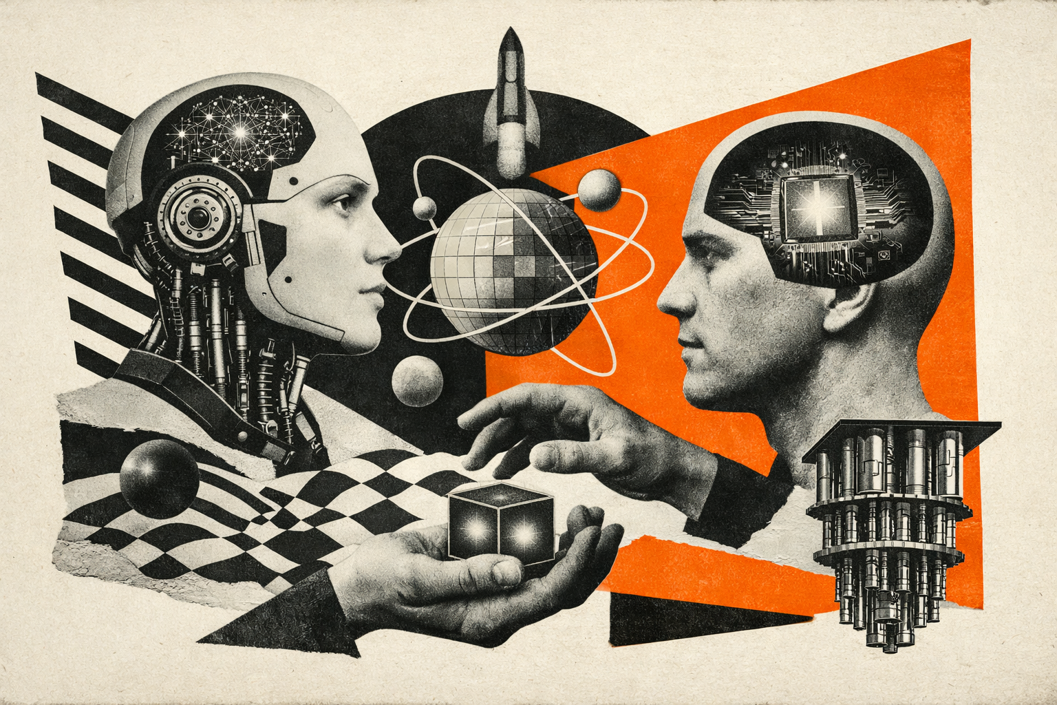 Editorial digital collage, B&W photographic cut-outs, cream paper background, bold geometric colour blocks, constructivist poster influence, surreal symbolic composition, tactile handmade feel, related to the subject of AI and Quantum Computing: Seeing the Big Picture