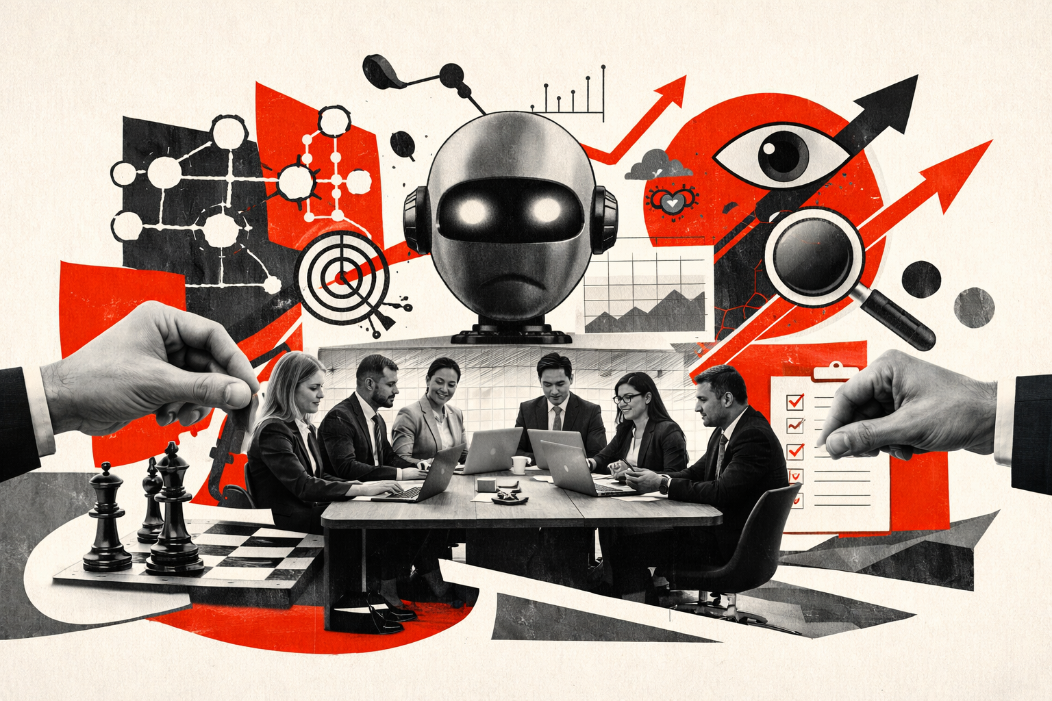 Editorial digital collage, B&W photographic cut-outs, cream paper background, bold geometric colour blocks, constructivist poster influence, surreal symbolic composition, tactile handmade feel, related to the subject of Boardroom AI Governance That Actually Ships