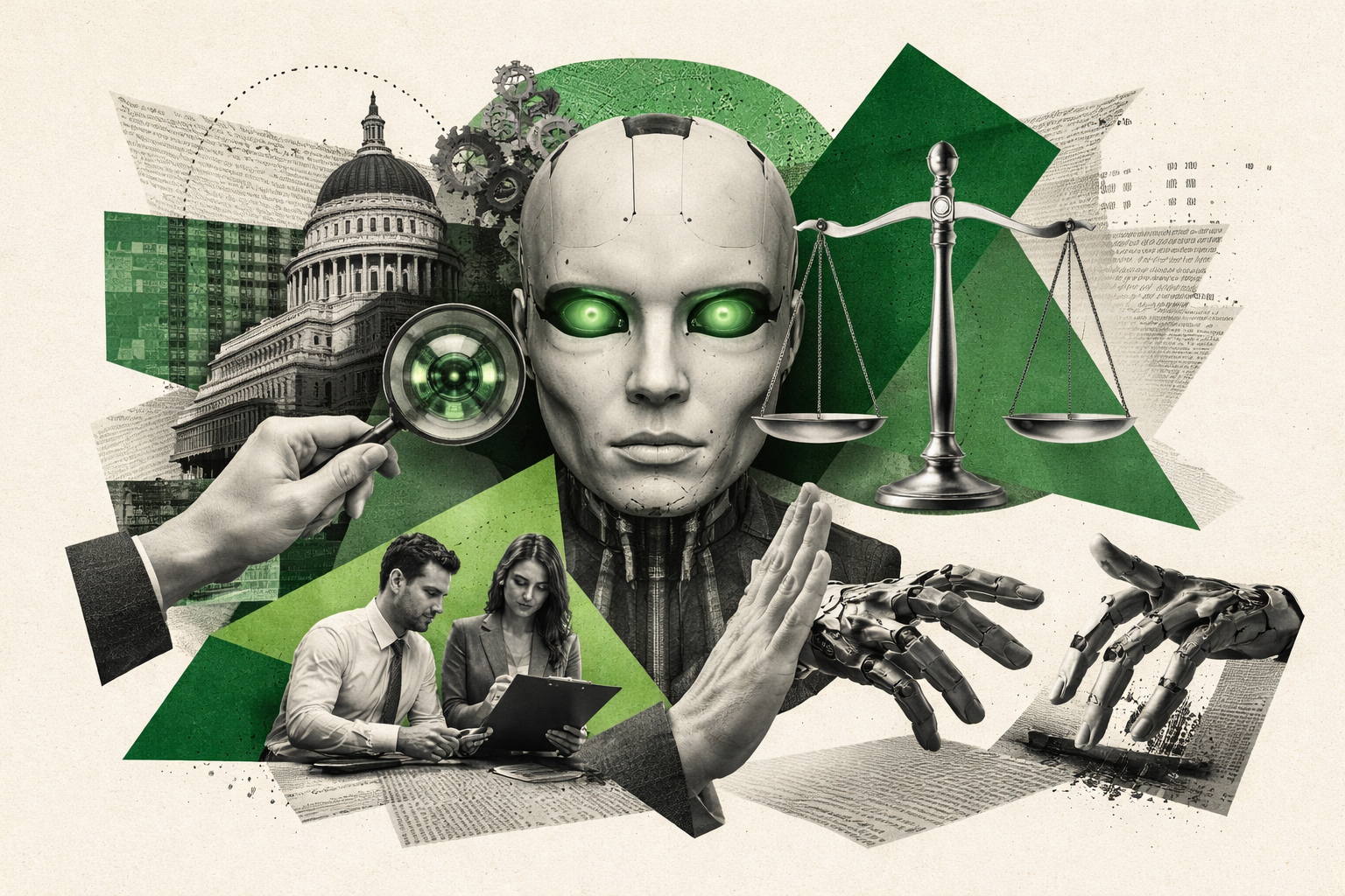 Editorial digital collage, B&W photographic cut-outs, cream paper background, bold geometric colour blocks, constructivist poster influence, surreal symbolic composition, tactile handmade feel, related to the subject of California Just Drew a Line on AI: Why This Win Matters, and What Leaders Should Do Next