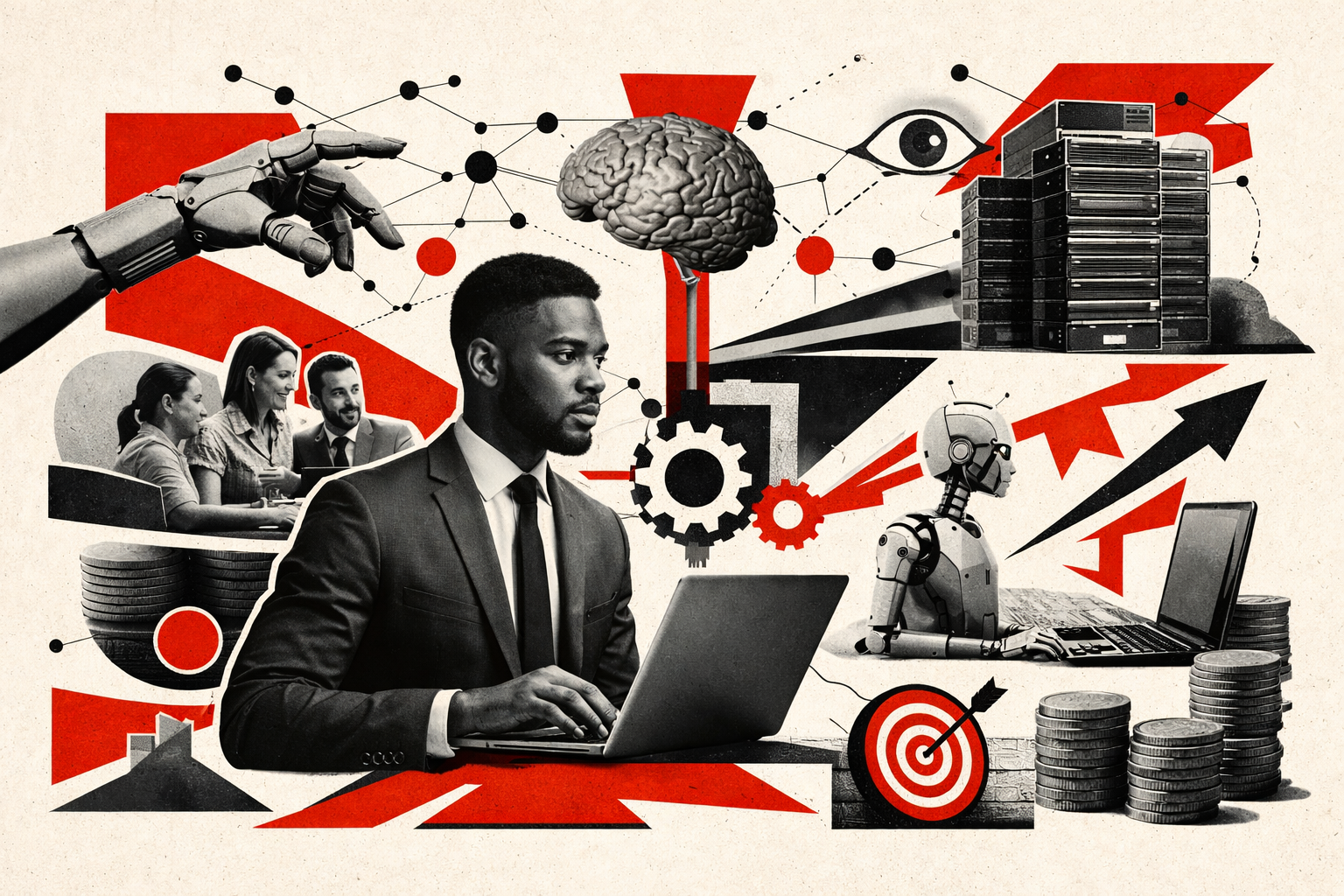 Editorial digital collage, B&W photographic cut-outs, cream paper background, bold geometric colour blocks, constructivist poster influence, surreal symbolic composition, tactile handmade feel, related to the subject of ChatGPT-Suite: What It Really Means (Now That GPT-5 Is Here)