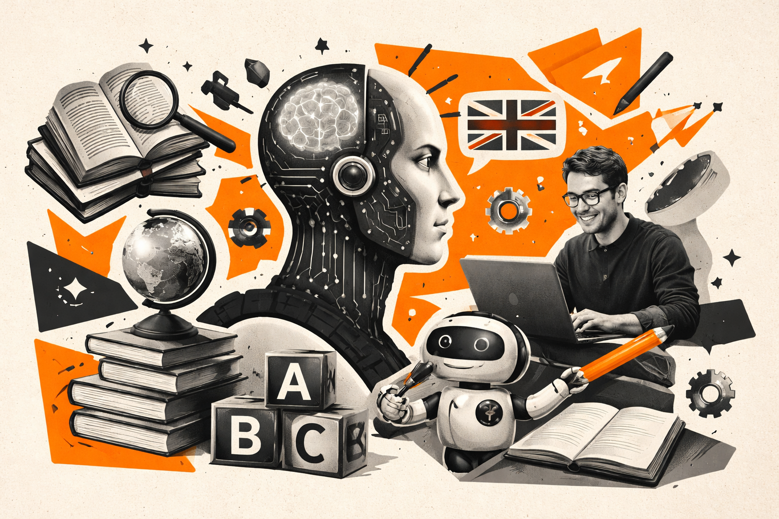 Editorial digital collage, B&W photographic cut-outs, cream paper background, bold geometric colour blocks, constructivist poster influence, surreal symbolic composition, tactile handmade feel, related to the subject of Decoding The AI Writing Revolution: An In-Depth Exploration Of Machine Language