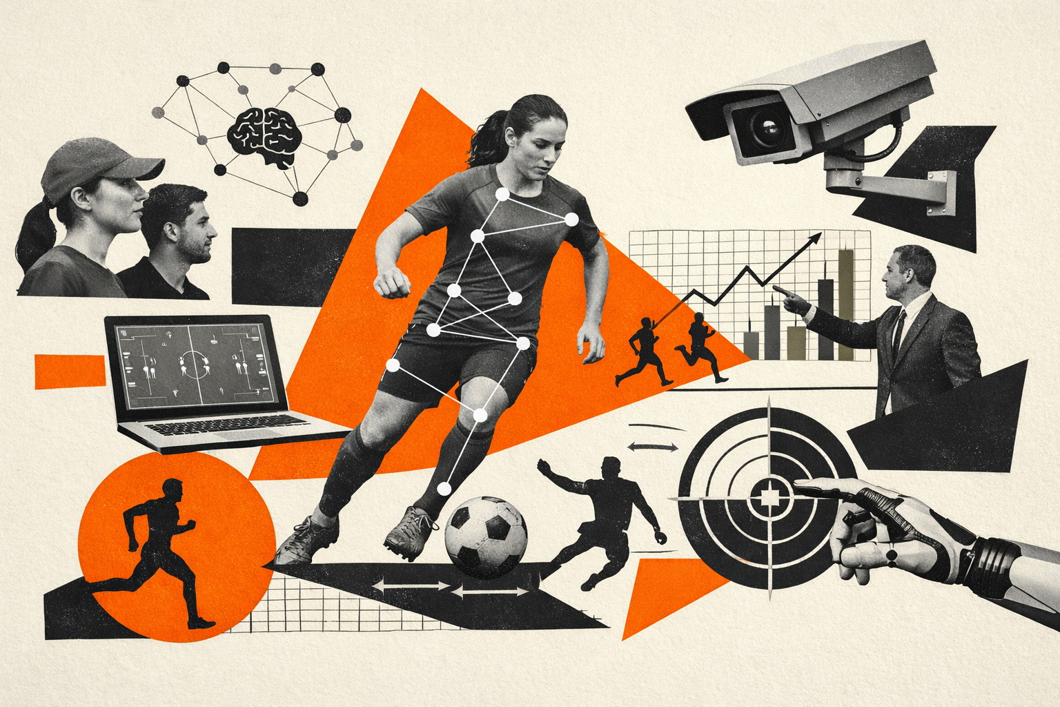 Editorial digital collage, B&W photographic cut-outs, cream paper background, bold geometric colour blocks, constructivist poster influence, surreal symbolic composition, tactile handmade feel, related to the subject of Democratising AI in Sports: Analytics & Player Tracking