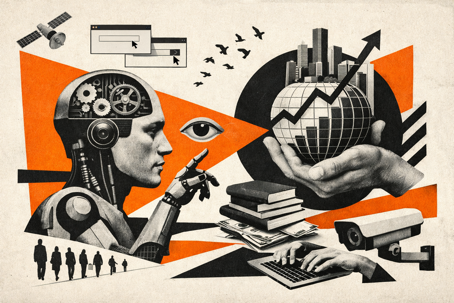 Editorial digital collage, B&W photographic cut-outs, cream paper background, bold geometric colour blocks, constructivist poster influence, surreal symbolic composition, tactile handmade feel, related to the subject of Exploring AI's Influence: An Honest Insight into the Employment Effects of Generative Pretrained Transformers