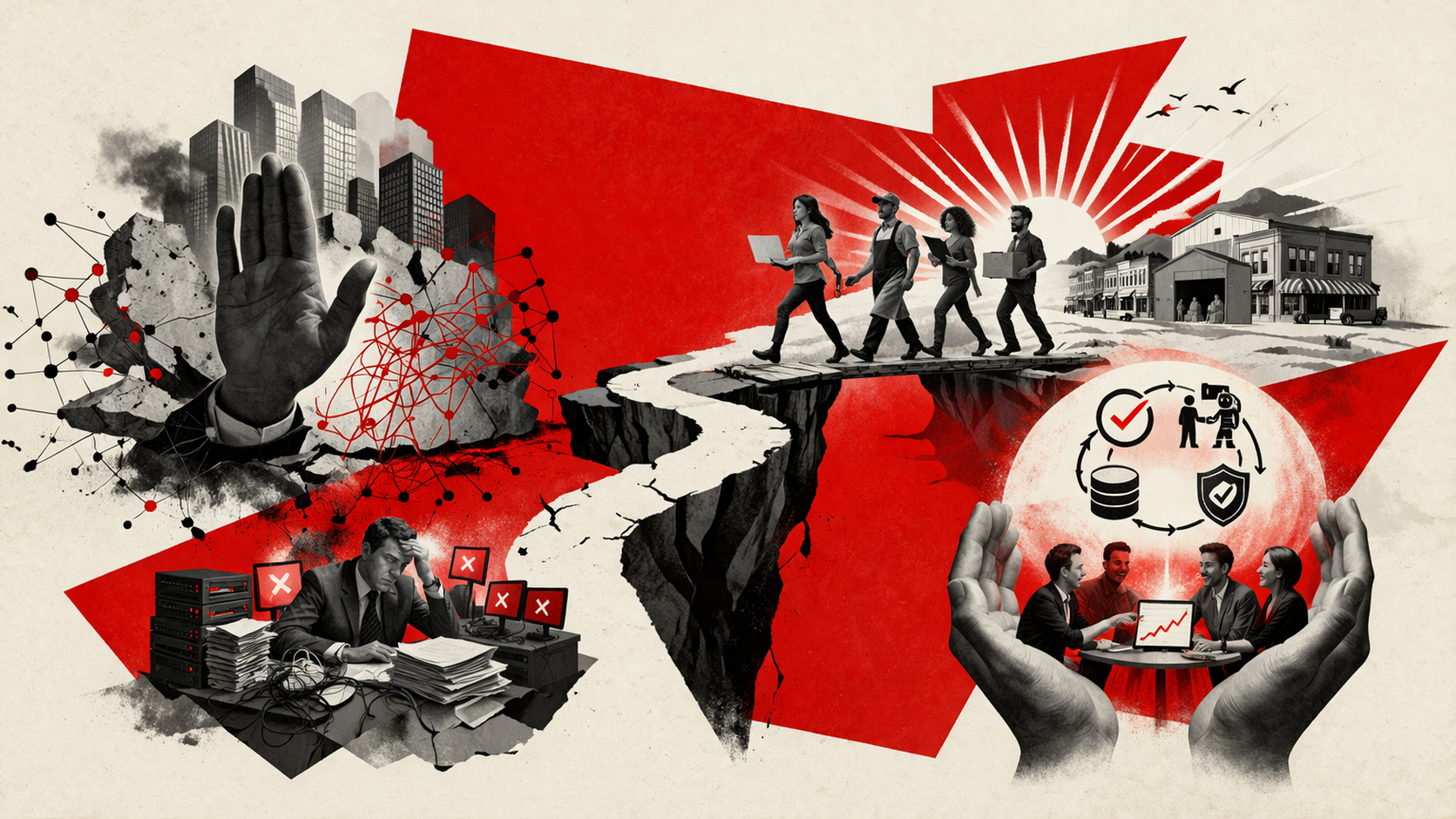 Editorial digital collage, B&W photographic cut-outs, cream paper background, bold geometric colour blocks, constructivist poster influence, surreal symbolic composition, tactile handmade feel, related to the subject of MIT’s 95%: Why Enterprise AI Is Stalling, and Where Mid-Market Teams Are Quietly Winning