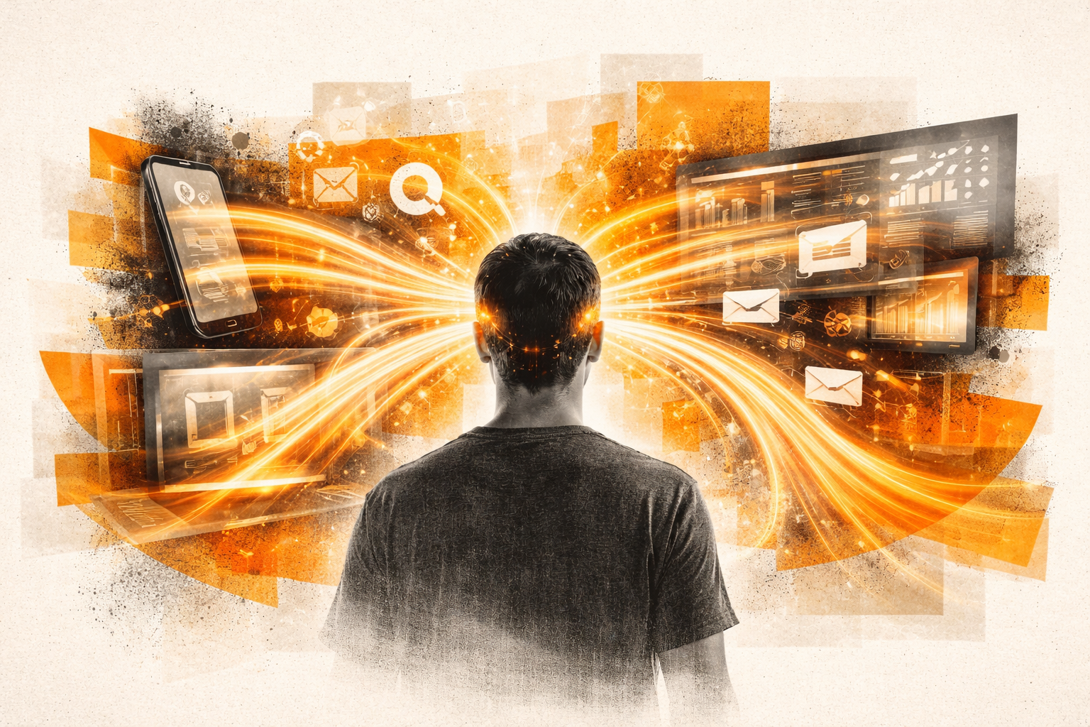 Editorial digital collage, B&W photographic cut-outs, cream paper background, bold geometric colour blocks, constructivist poster influence, surreal symbolic composition, tactile handmade feel, related to the subject of Me, Myself & AI: We'll Stream Intelligence In The Same Way We Stream The Internet