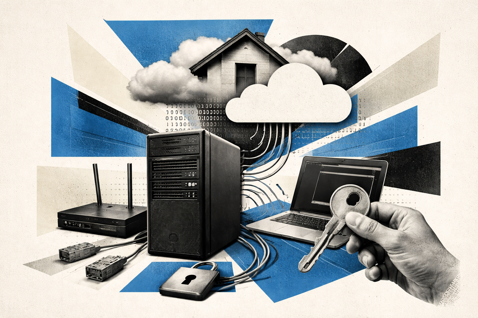 Editorial digital collage, B&W photographic cut-outs, cream paper background, bold geometric colour blocks, constructivist poster influence, surreal symbolic composition, tactile handmade feel, related to the subject of Own Your Cloud: A Friendly Ubuntu Server Quickstart