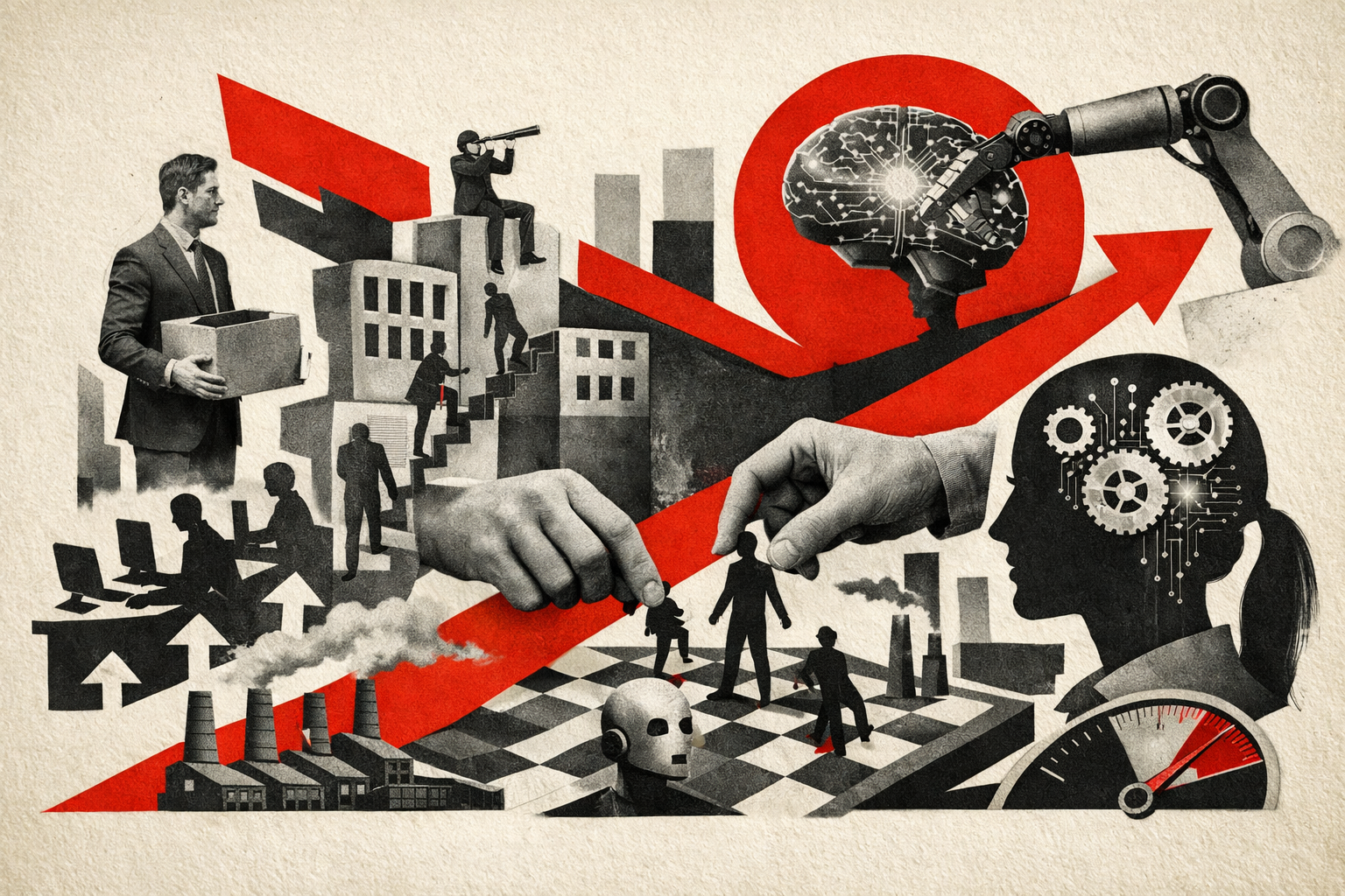 Editorial digital collage, B&W photographic cut-outs, cream paper background, bold geometric colour blocks, constructivist poster influence, surreal symbolic composition, tactile handmade feel, related to the subject of Tech Layoffs vs Pandemic Overhiring: The Data, the Myth & the AI Reorg