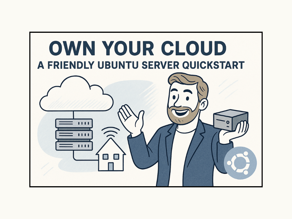Illustration of a smiling man holding a server box, with cloud, server, and house icons. Text: 
