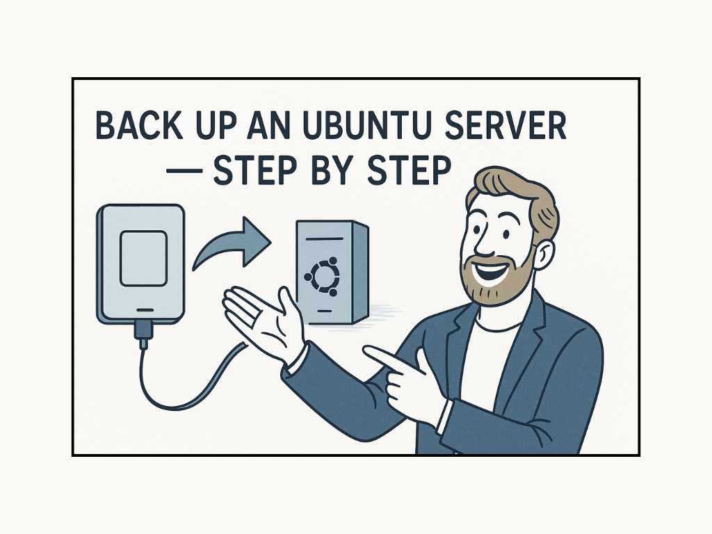 Man in blue suit smiling and pointing at a hard drive and server icon with Ubuntu logo. Text: 