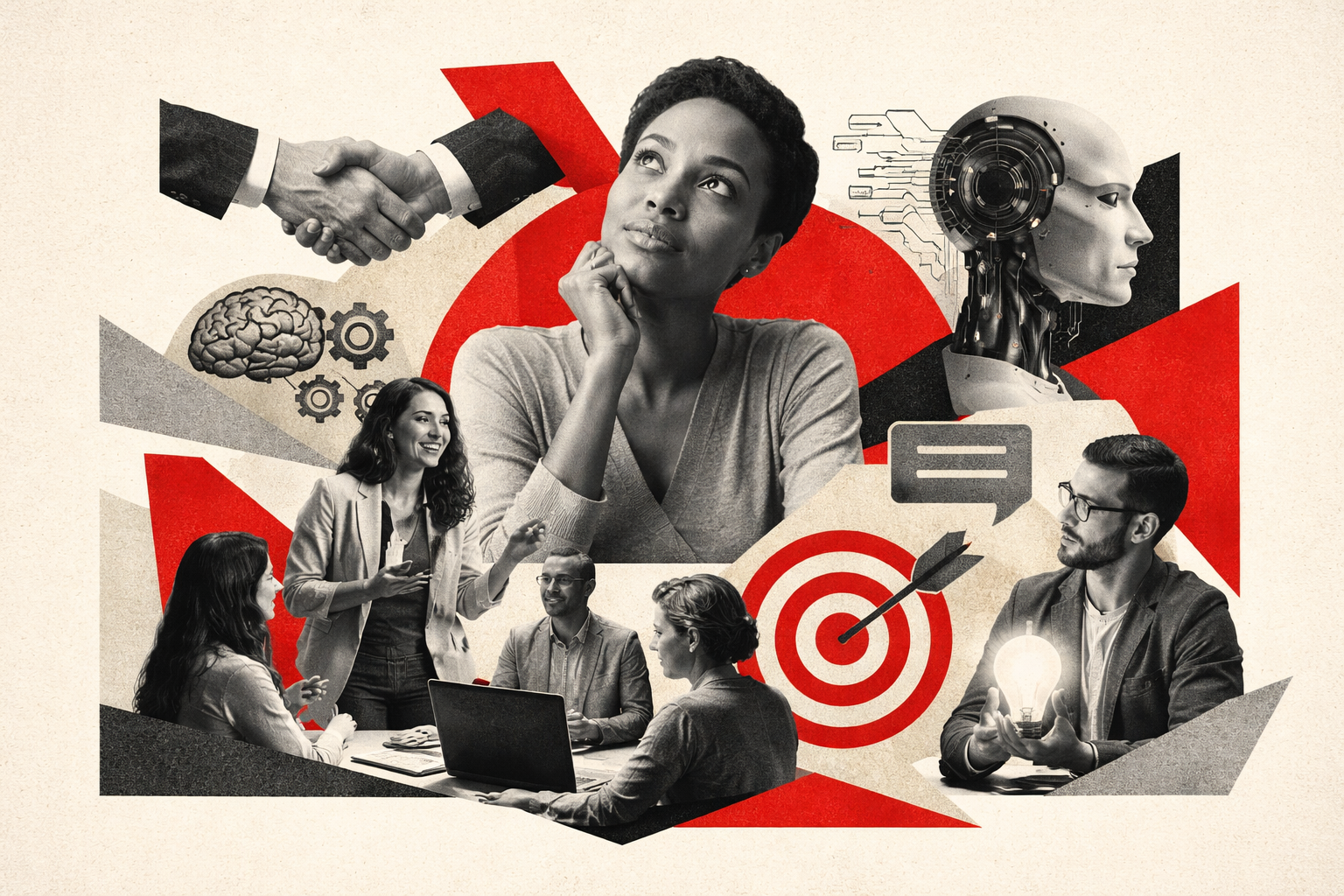 Editorial digital collage, B&W photographic cut-outs, cream paper background, bold geometric colour blocks, constructivist poster influence, surreal symbolic composition, tactile handmade feel, related to the subject of Why “Soft” Skills Are Becoming Your Hardest Currency In The Age Of AI