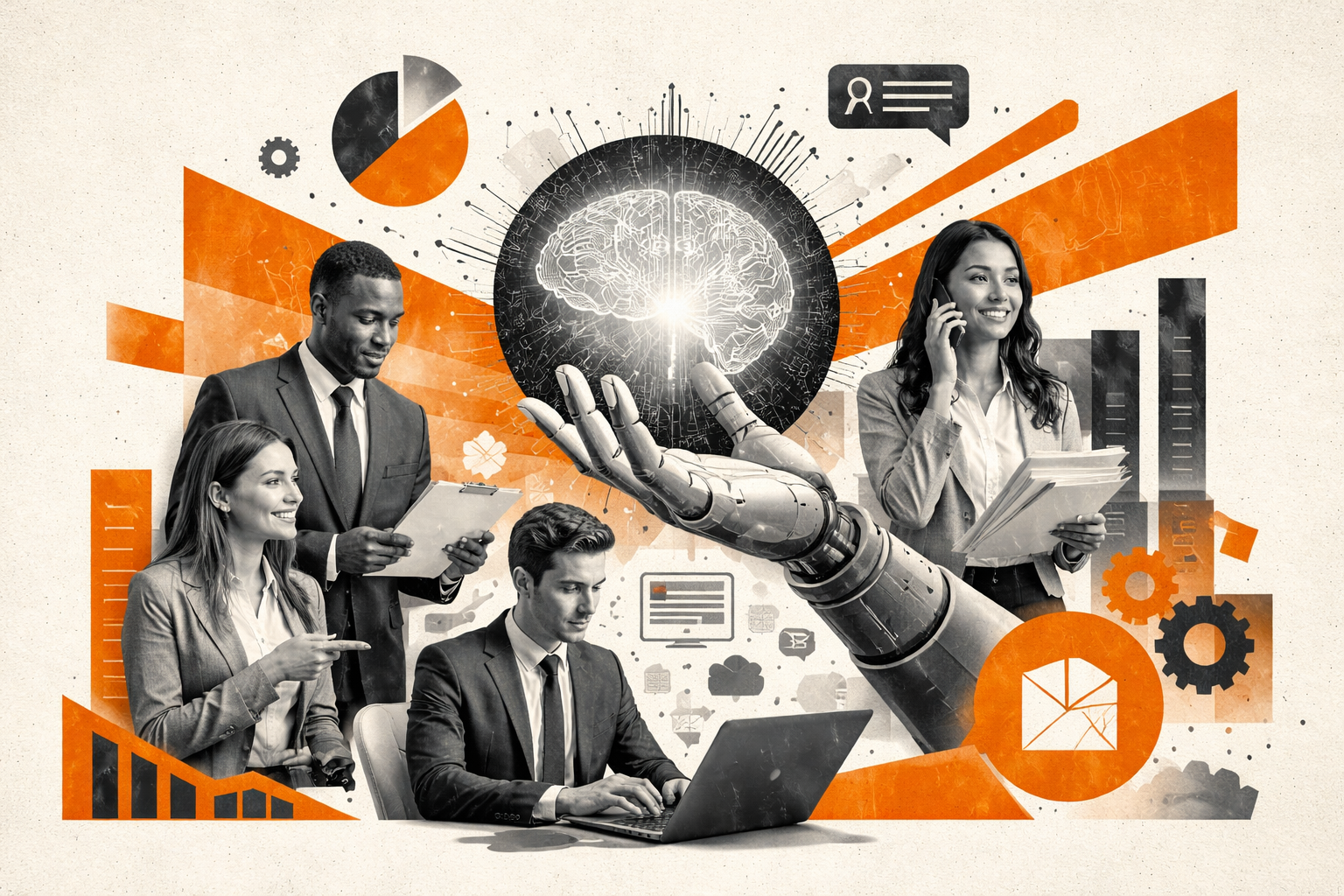 Editorial digital collage, B&W photographic cut-outs, cream paper background, bold geometric colour blocks, constructivist poster influence, surreal symbolic composition, tactile handmade feel, related to the subject of Your Business on Steroids: 101 Use Cases for Generative AI in Automated Document Creation