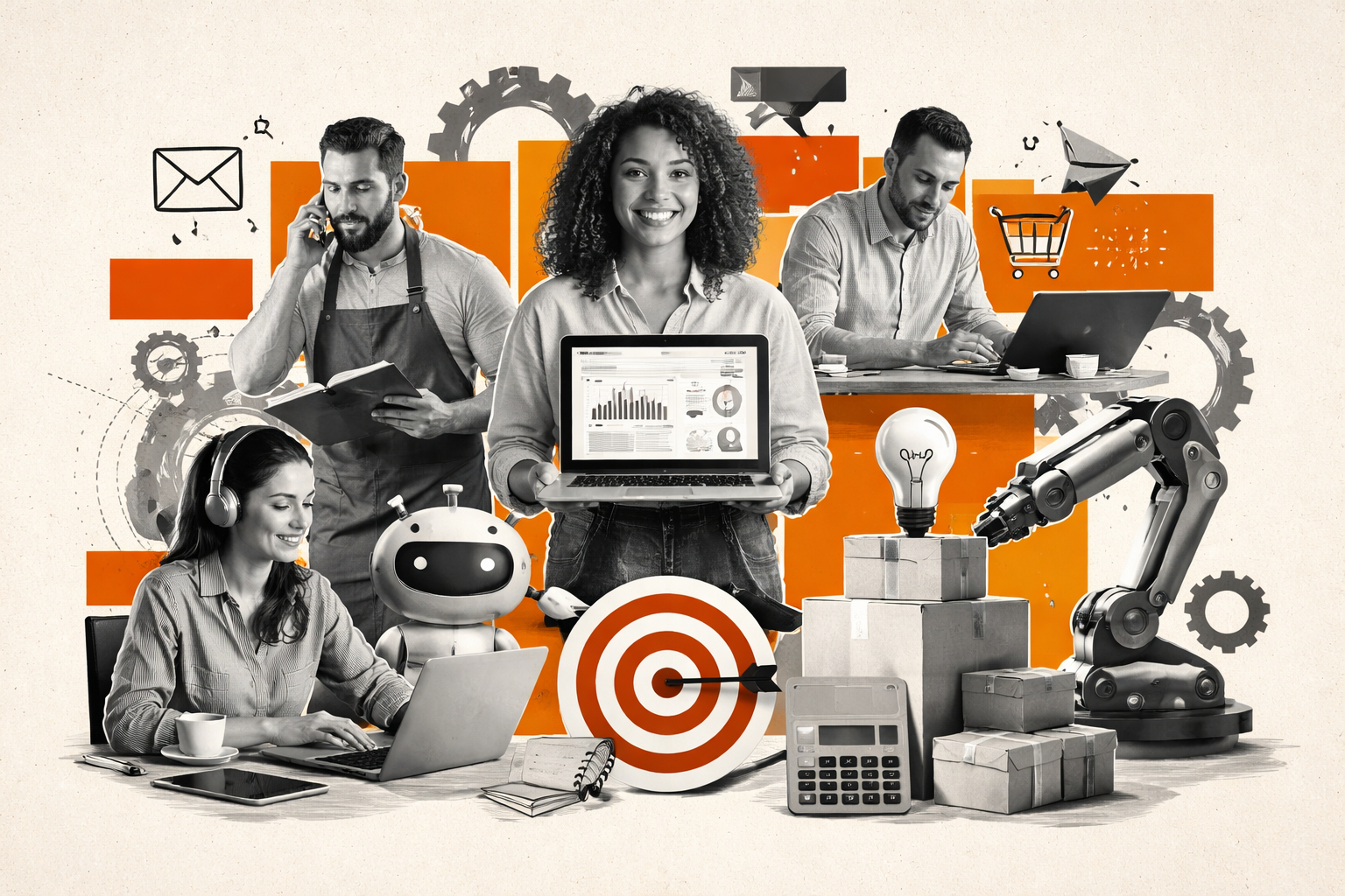 Editorial digital collage, B&W photographic cut-outs, cream paper background, bold geometric colour blocks, constructivist poster influence, surreal symbolic composition, tactile handmade feel, related to the subject of 101 Ways AI Can Supercharge Your Small Business (Without Breaking the Bank!)