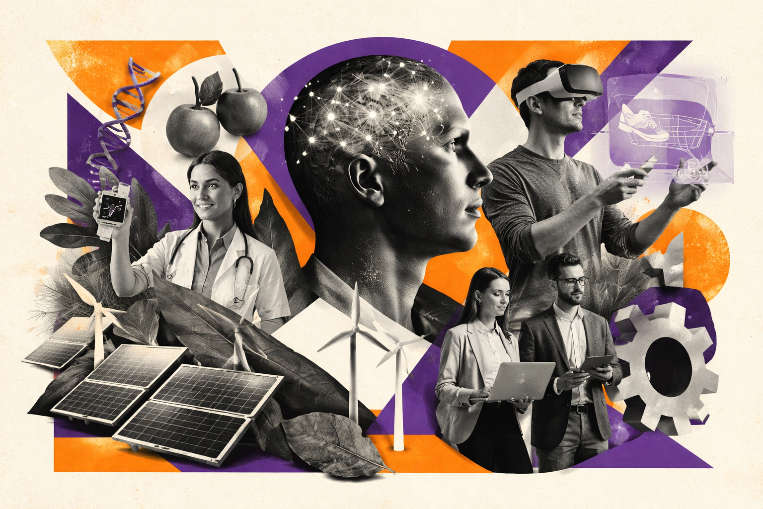 Editorial digital collage, B&W photographic cut-outs, cream paper background, bold geometric colour blocks, constructivist poster influence, surreal symbolic composition, tactile handmade feel, related to the subject of 2025 Transformative Trends: 5 Forces Redefining Tomorrow's Reality