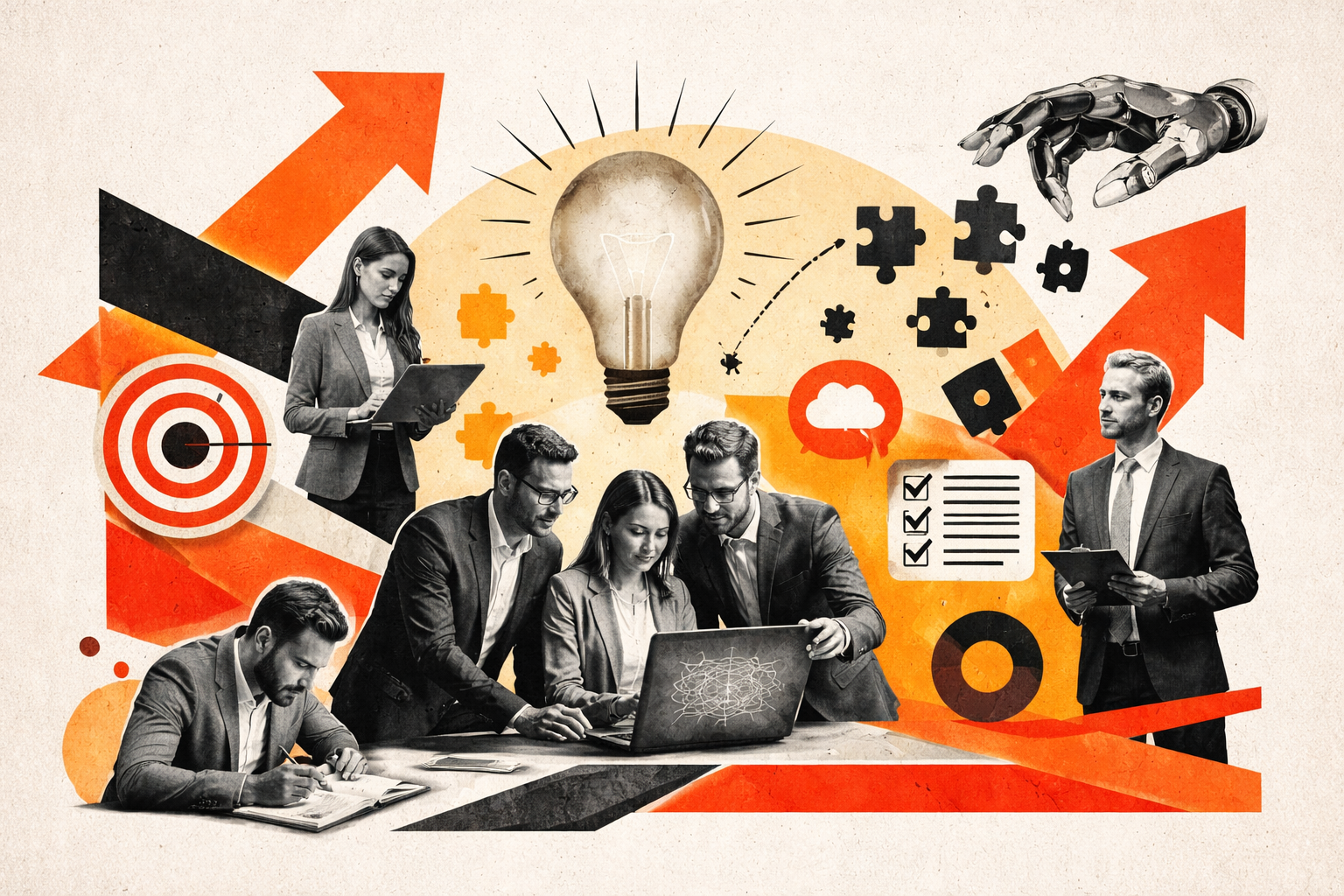 Editorial digital collage, B&W photographic cut-outs, cream paper background, bold geometric colour blocks, constructivist poster influence, surreal symbolic composition, tactile handmade feel, related to the subject of 7 Steps to Infusing Generative AI Thinking into Your Organisation (Without Losing Your Mind)