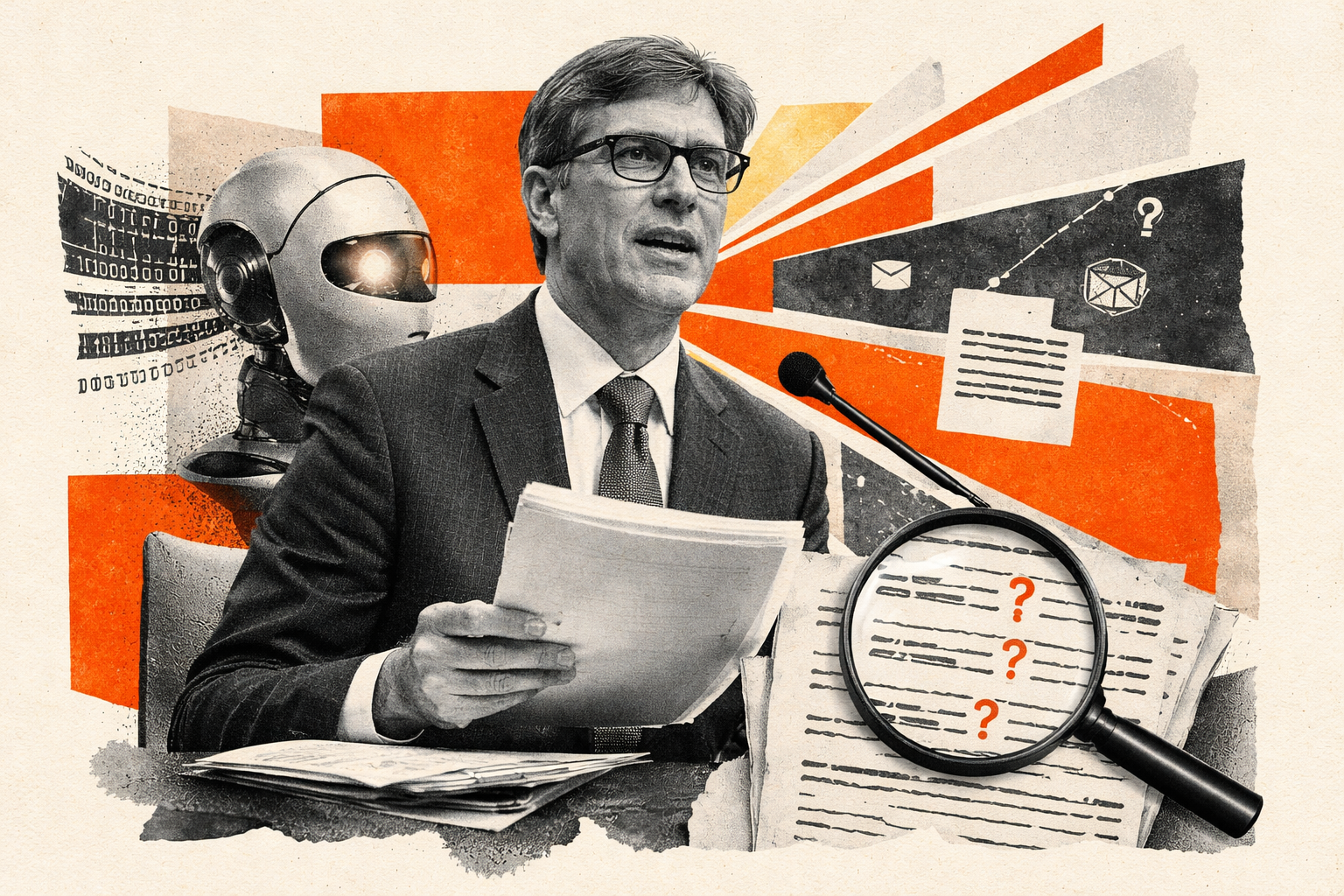 Editorial digital collage, B&W photographic cut-outs, cream paper background, bold geometric colour blocks, constructivist poster influence, surreal symbolic composition, tactile handmade feel, related to the subject of AI Irony: Misinformation Expert Delivers Testimony Laced with AI Misinformation