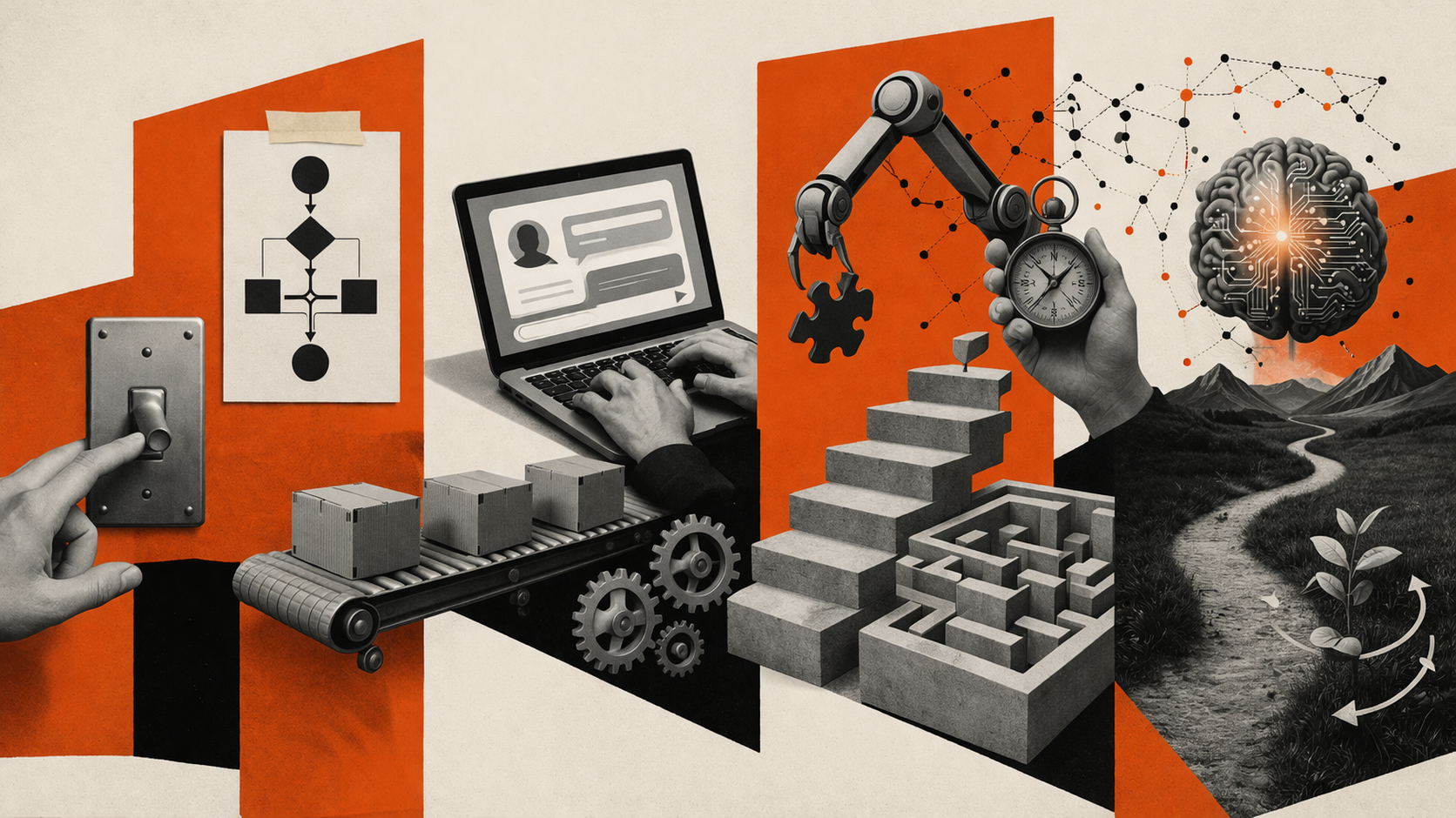 Editorial digital collage, B&W photographic cut-outs, cream paper background, bold geometric colour blocks, constructivist poster influence, surreal symbolic composition, tactile handmade feel, related to the subject of Automation, Assistants, Agents & Agentic AI: Decoding the Buzz-Words Behind Modern Workflows