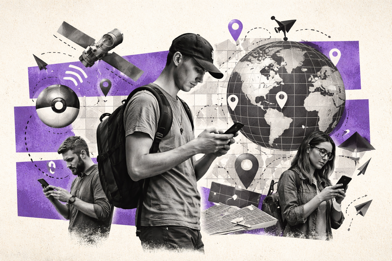 Editorial digital collage, B&W photographic cut-outs, cream paper background, bold geometric colour blocks, constructivist poster influence, surreal symbolic composition, tactile handmade feel, related to the subject of Catching Them All: How PokémonGO Players Are Unwittingly Mapping the World