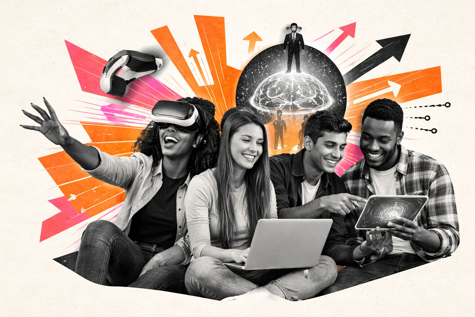 Editorial digital collage, B&W photographic cut-outs, cream paper background, bold geometric colour blocks, constructivist poster influence, surreal symbolic composition, tactile handmade feel, related to the subject of Empowering Youth: AI and Metaverse Workshops at the Digital Skills Festival 2023