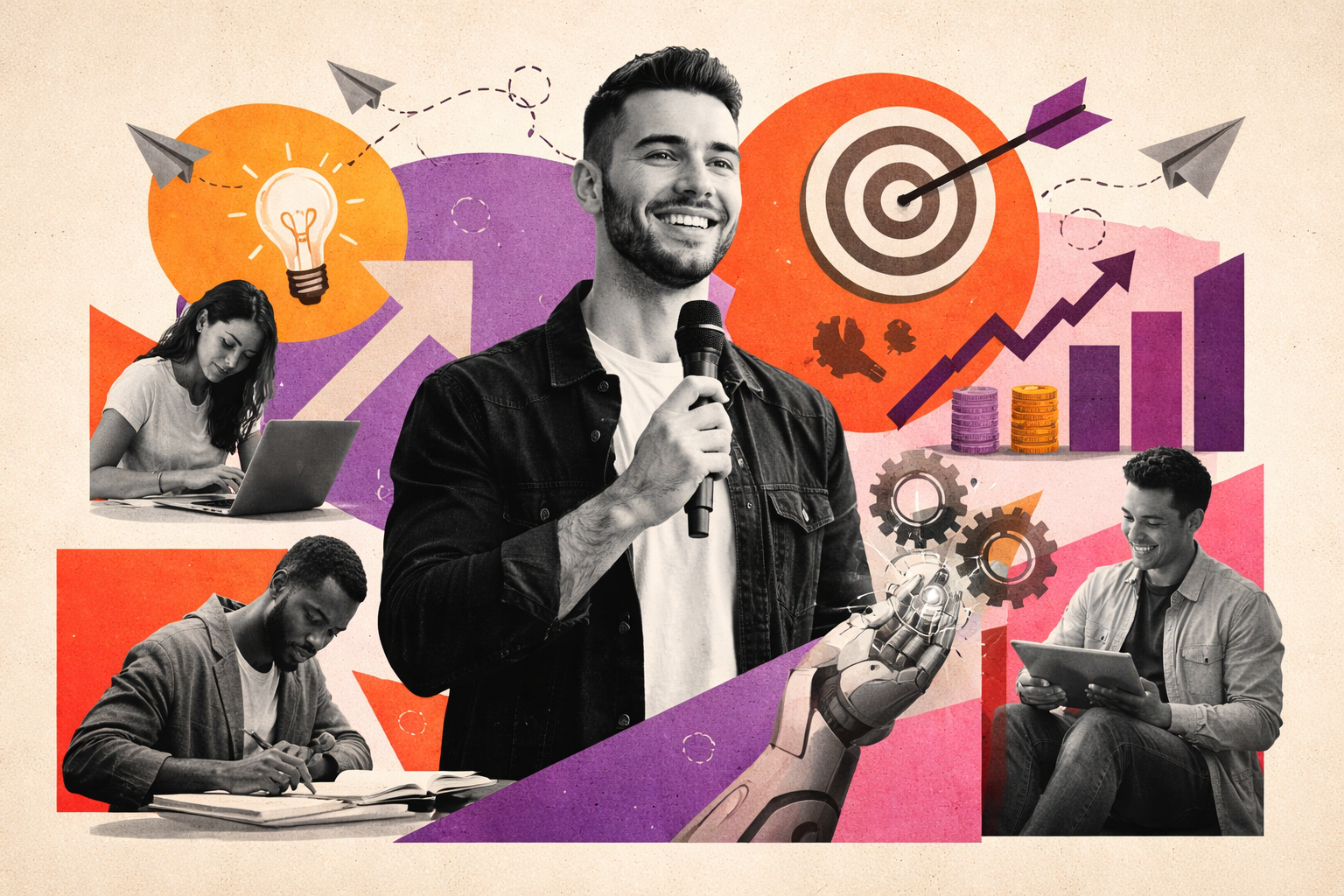 Editorial digital collage, B&W photographic cut-outs, cream paper background, bold geometric colour blocks, constructivist poster influence, surreal symbolic composition, tactile handmade feel, related to the subject of Empowering the Next Generation of Entrepreneurs: An Insight Talk for The Prince's Trust