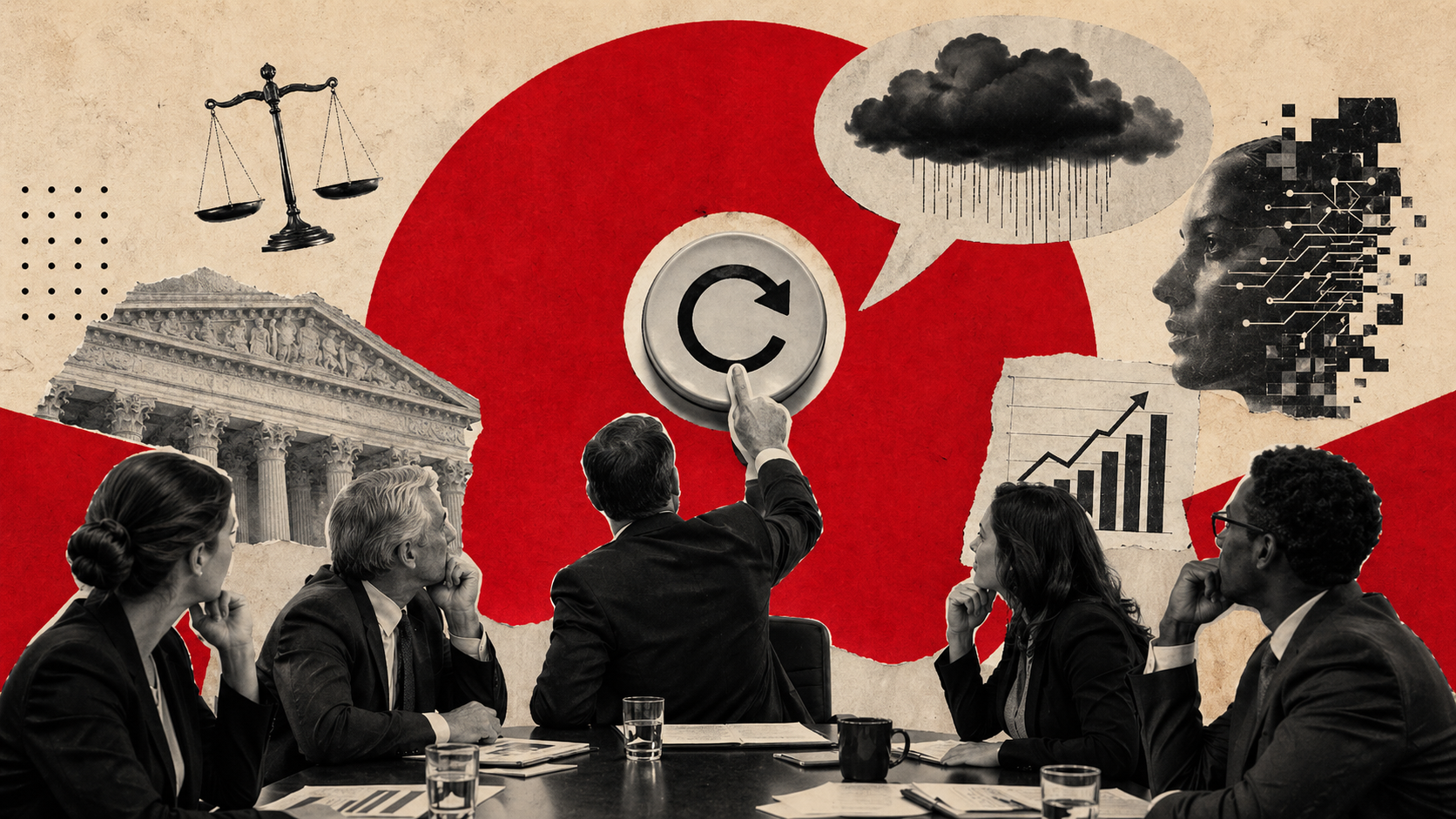 Editorial digital collage, B&W photographic cut-outs, cream paper background, bold geometric colour blocks, constructivist poster influence, surreal symbolic composition, tactile handmade feel, related to the subject of Five Boardroom Questions That Will Make — or Break — Your AI Strategy