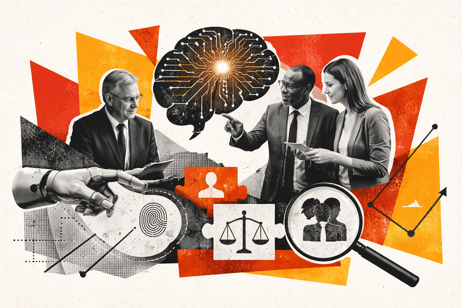 Editorial digital collage, B&W photographic cut-outs, cream paper background, bold geometric colour blocks, constructivist poster influence, surreal symbolic composition, tactile handmade feel, related to the subject of Five Boardroom Questions That Will Make — or Break — Your AI Strategy