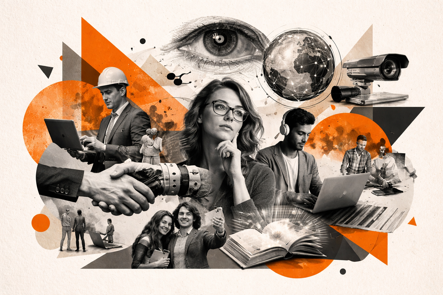 Editorial digital collage, B&W photographic cut-outs, cream paper background, bold geometric colour blocks, constructivist poster influence, surreal symbolic composition, tactile handmade feel, related to the subject of How AI is Redefining Our World: Navigating 9 Fundamental Human Needs in the Digital Age