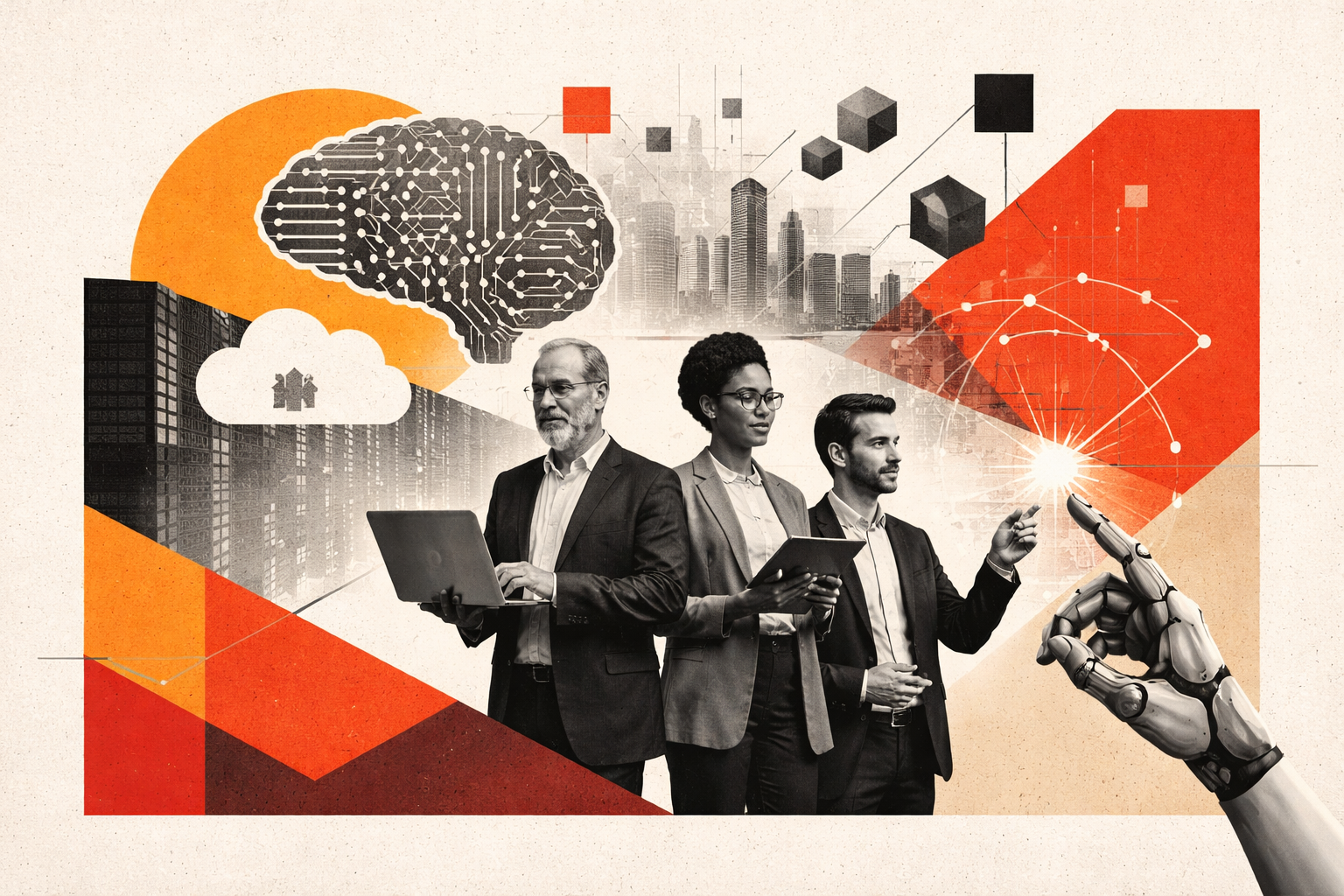 Editorial digital collage, B&W photographic cut-outs, cream paper background, bold geometric colour blocks, constructivist poster influence, surreal symbolic composition, tactile handmade feel, related to the subject of How Technology Leaders Can Prepare for the Generative AI Revolution