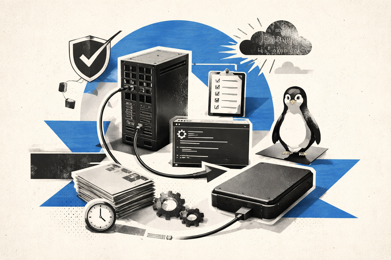 Man in blue suit smiling and pointing at a hard drive and server icon with Ubuntu logo. Text: 