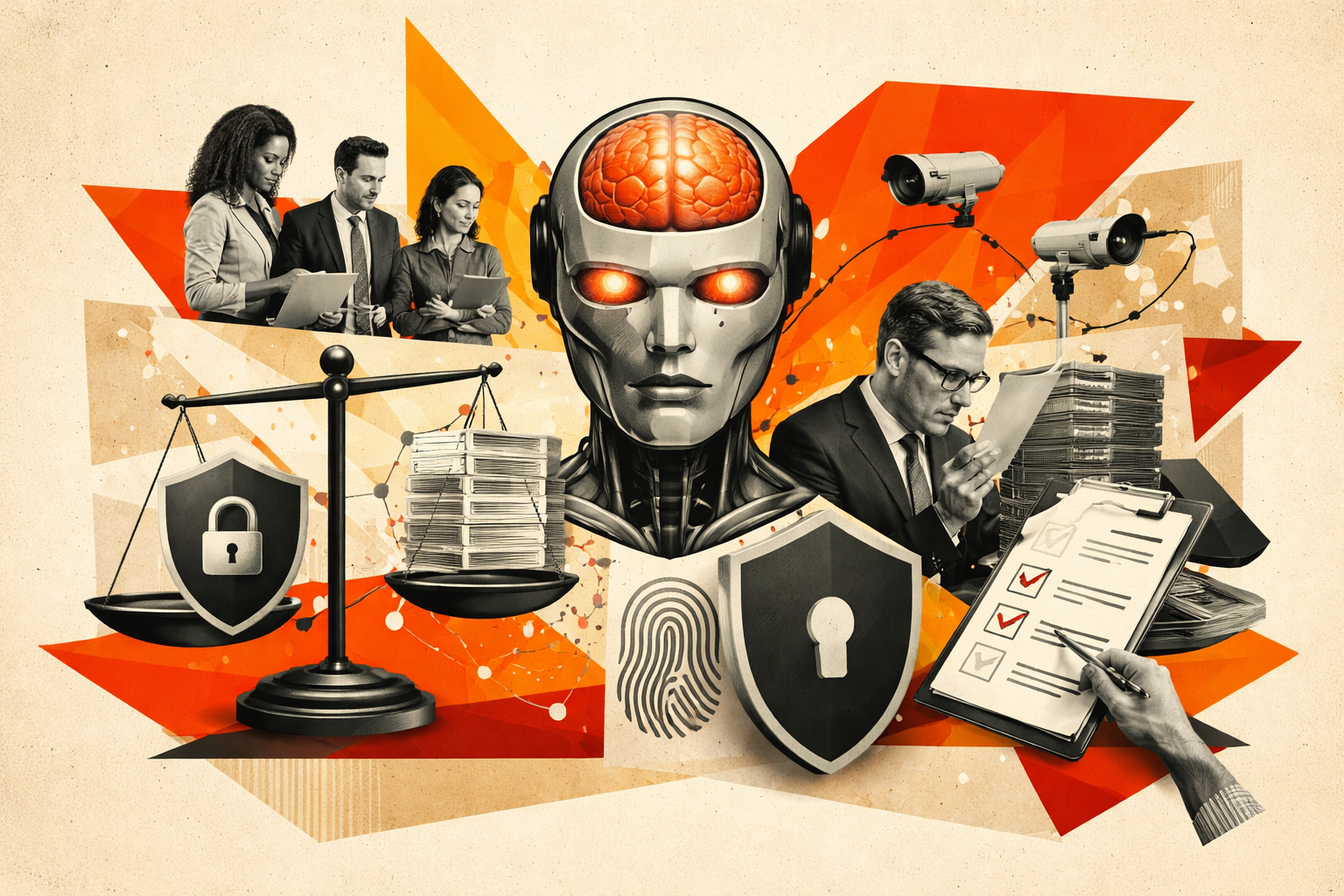 Editorial digital collage, B&W photographic cut-outs, cream paper background, bold geometric colour blocks, constructivist poster influence, surreal symbolic composition, tactile handmade feel, related to the subject of How to Establish a Robust Governance Model for Generative AI: Navigating Ethics, Transparency, and Accountability