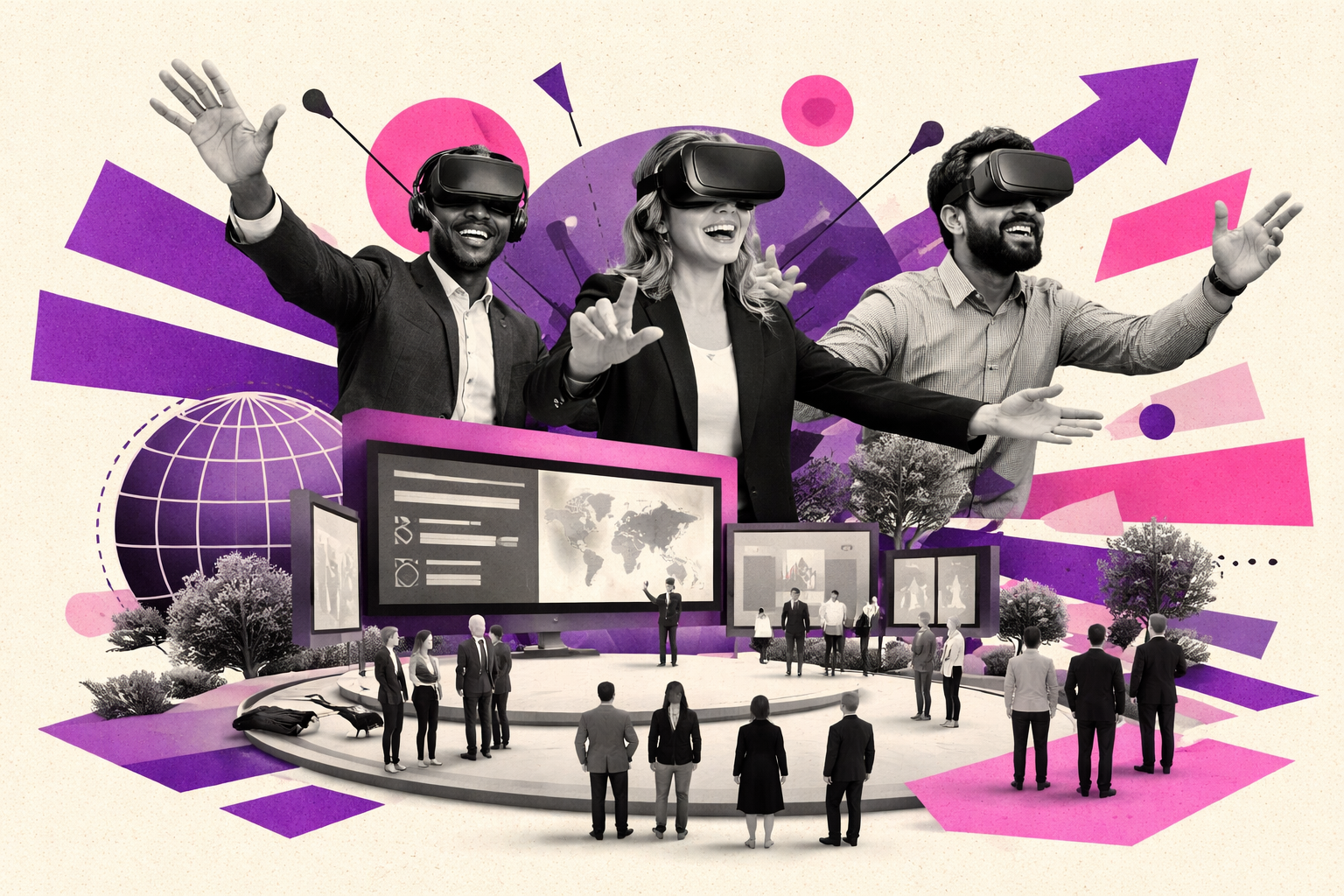 Editorial digital collage, B&W photographic cut-outs, cream paper background, bold geometric colour blocks, constructivist poster influence, surreal symbolic composition, tactile handmade feel, related to the subject of Immersive Success: Herrmann's Virtual Kick-Off in the Metaverse