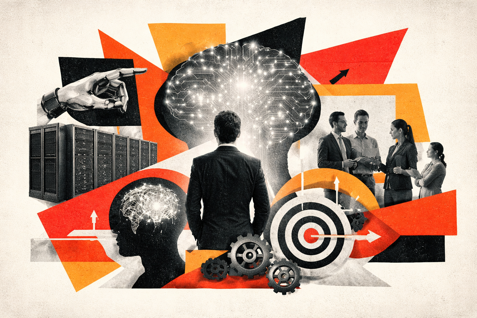 Editorial digital collage, B&W photographic cut-outs, cream paper background, bold geometric colour blocks, constructivist poster influence, surreal symbolic composition, tactile handmade feel, related to the subject of Leading Through the AI Era: Why Reality Isn’t Just What You Think It Is