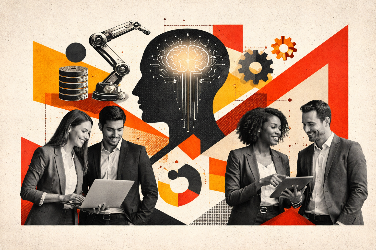 Editorial digital collage, B&W photographic cut-outs, cream paper background, bold geometric colour blocks, constructivist poster influence, surreal symbolic composition, tactile handmade feel, related to the subject of Leading the Generative AI Charge: A Leader’s Guide to Starting Smart, Staying Responsible, and Scaling Impact