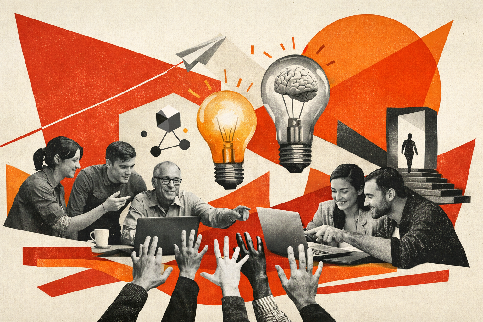 Editorial digital collage, B&W photographic cut-outs, cream paper background, bold geometric colour blocks, constructivist poster influence, surreal symbolic composition, tactile handmade feel, related to the subject of Navigating Generative AI: How to Equip Your Employees for the Future