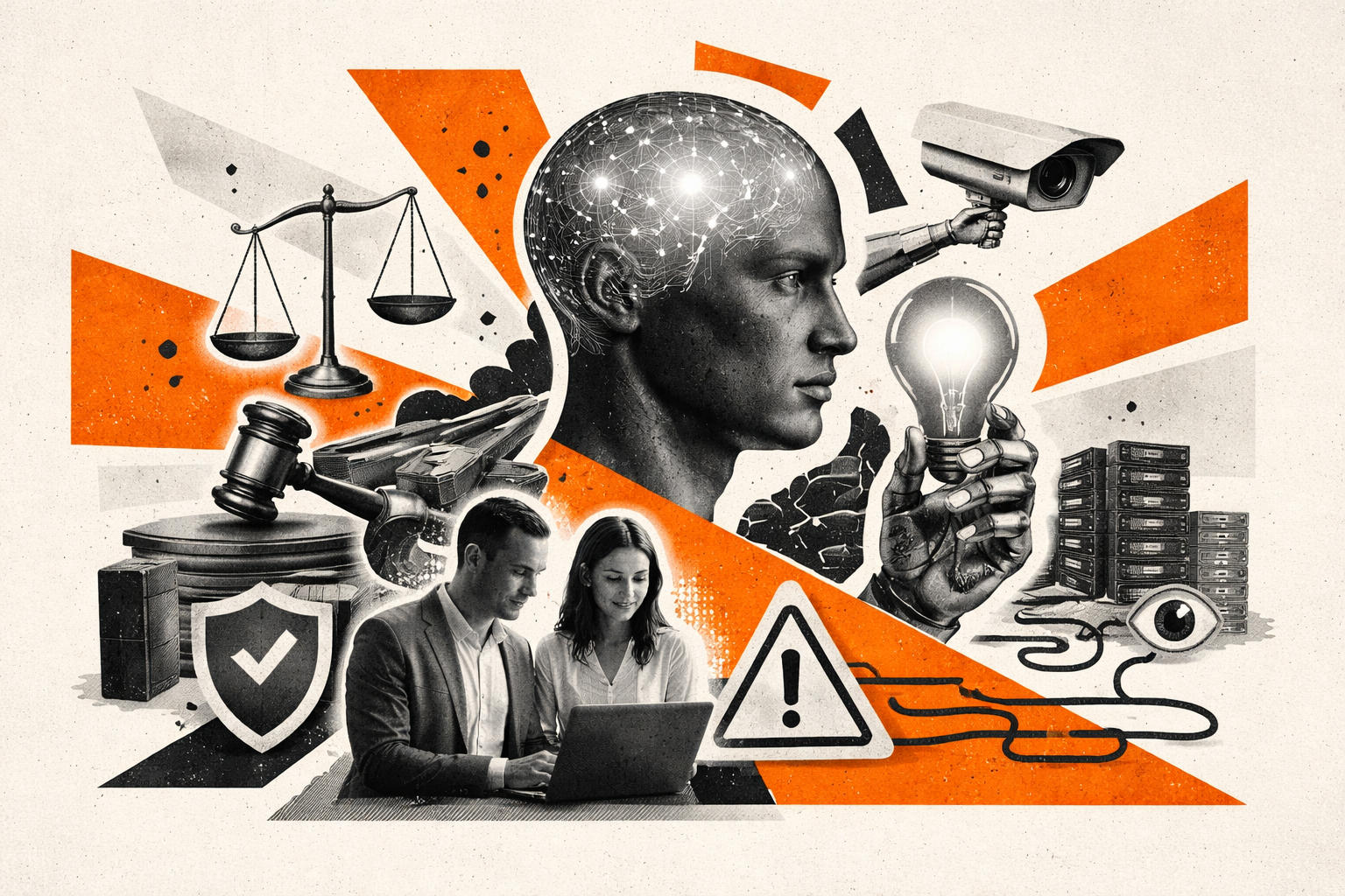 Editorial digital collage, B&W photographic cut-outs, cream paper background, bold geometric colour blocks, constructivist poster influence, surreal symbolic composition, tactile handmade feel, related to the subject of Navigating Responsible AI in the Age of Generative Models: Challenges and Opportunities Ahead