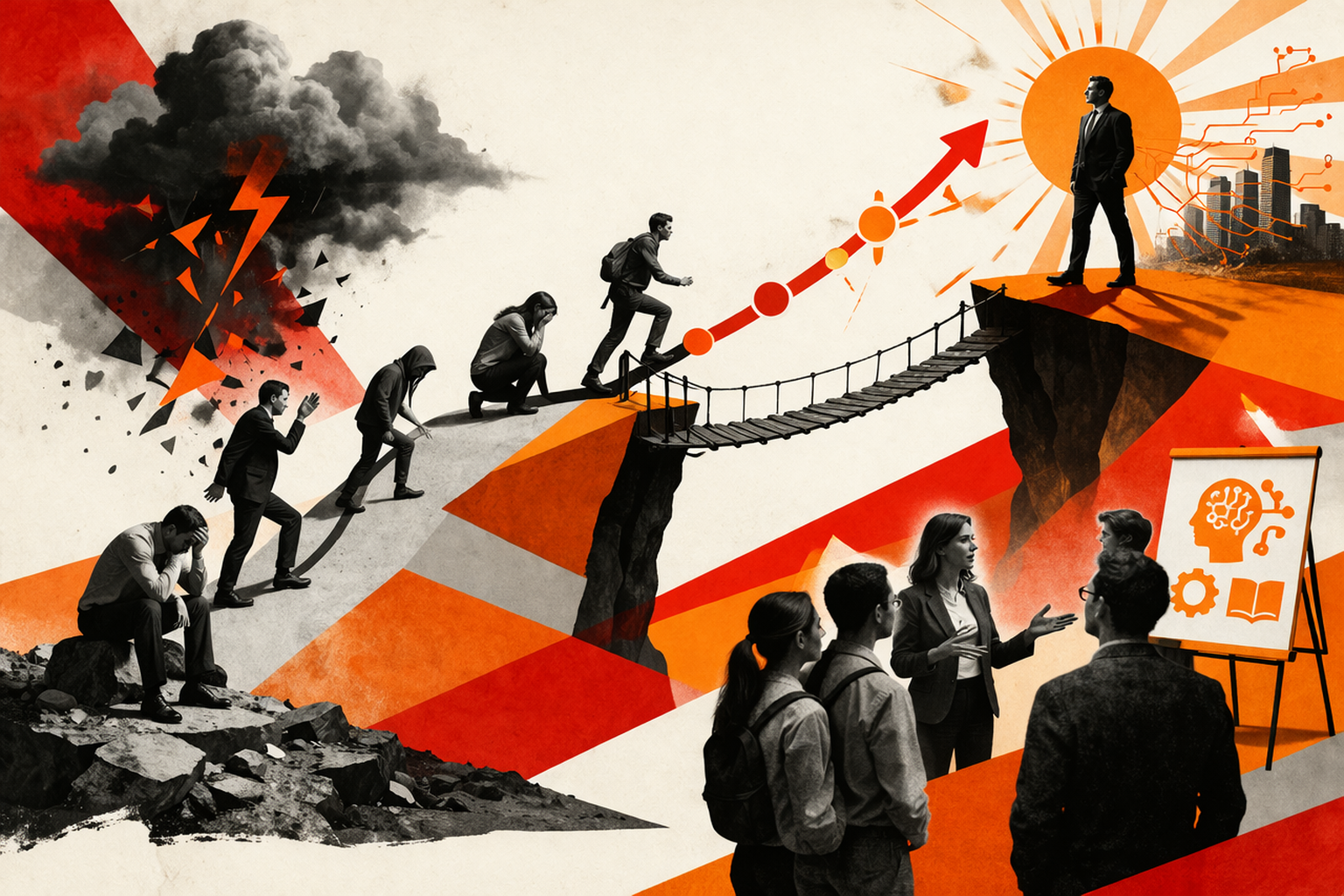 Editorial digital collage, B&W photographic cut-outs, cream paper background, bold geometric colour blocks, constructivist poster influence, surreal symbolic composition, tactile handmade feel, related to the subject of Navigating the AI Change Curve: Why Leaders Are Speeding Ahead While Teams Are Stuck in Neutral