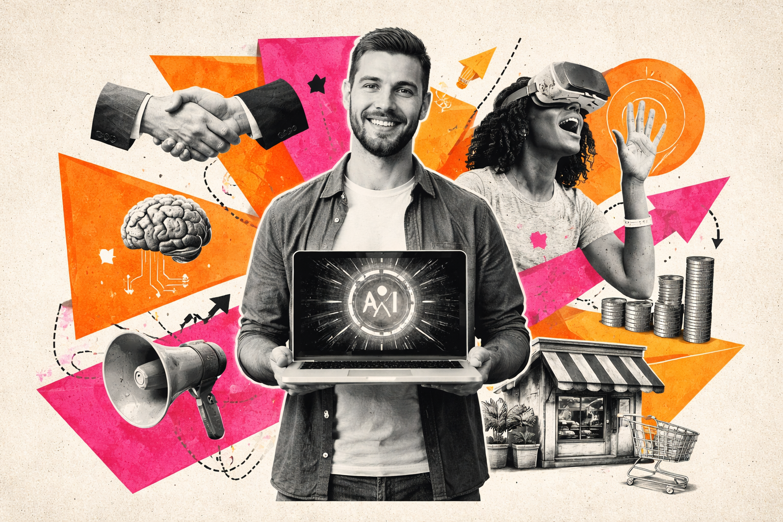 Editorial digital collage, B&W photographic cut-outs, cream paper background, bold geometric colour blocks, constructivist poster influence, surreal symbolic composition, tactile handmade feel, related to the subject of Navigating the Future of Commerce: Jamie Bykov-Brett's Insightful Lunch and Learn with Enterprise Nation