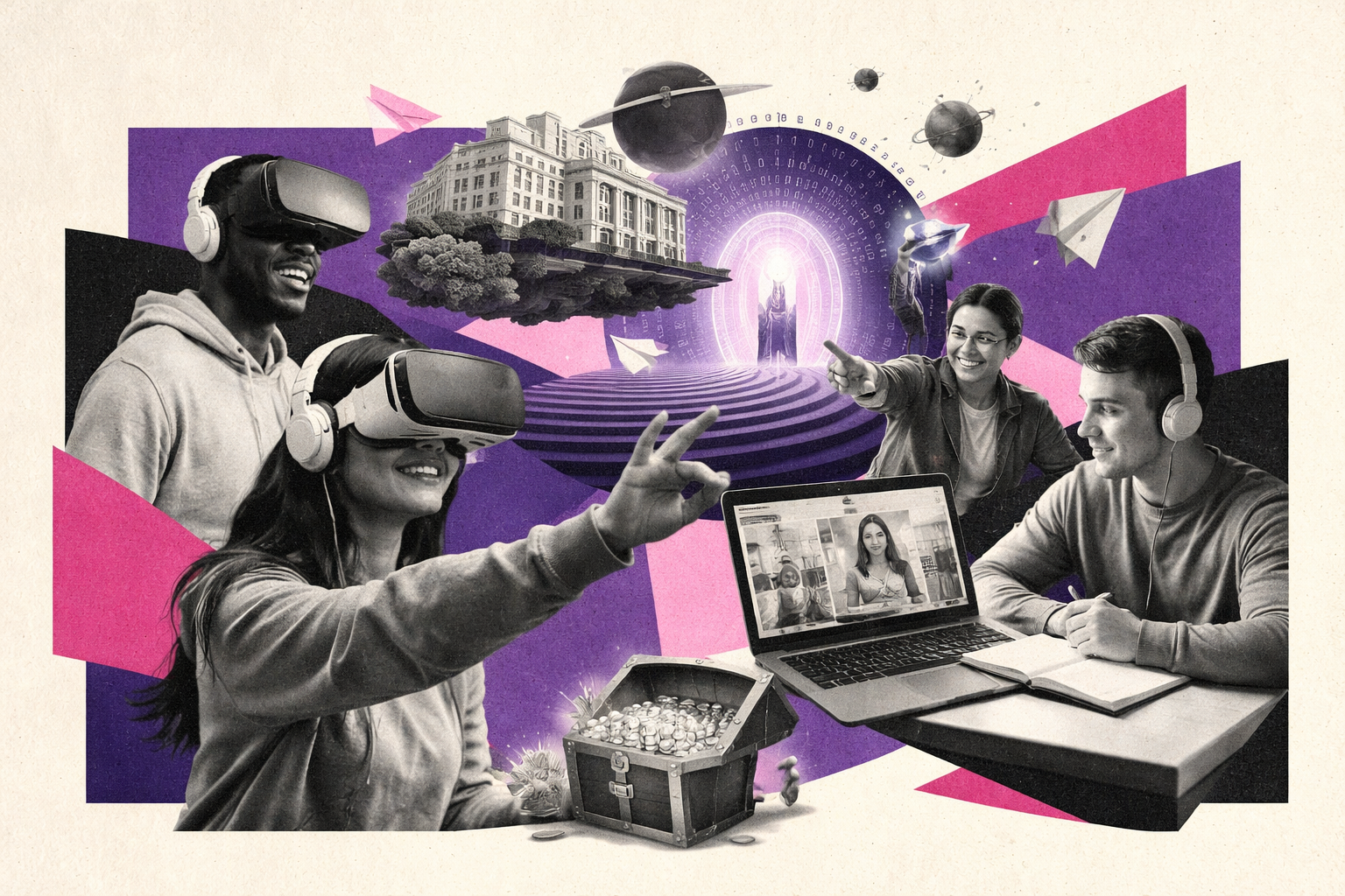 Editorial digital collage, B&W photographic cut-outs, cream paper background, bold geometric colour blocks, constructivist poster influence, surreal symbolic composition, tactile handmade feel, related to the subject of Pioneering Virtual Learning: The Bocconiverse Metaverse Campus