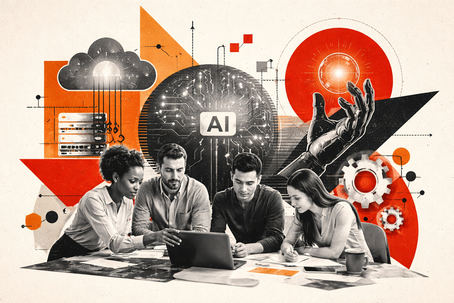 Editorial digital collage, B&W photographic cut-outs, cream paper background, bold geometric colour blocks, constructivist poster influence, surreal symbolic composition, tactile handmade feel, related to the subject of Positioning Your Team for Generative AI Success
