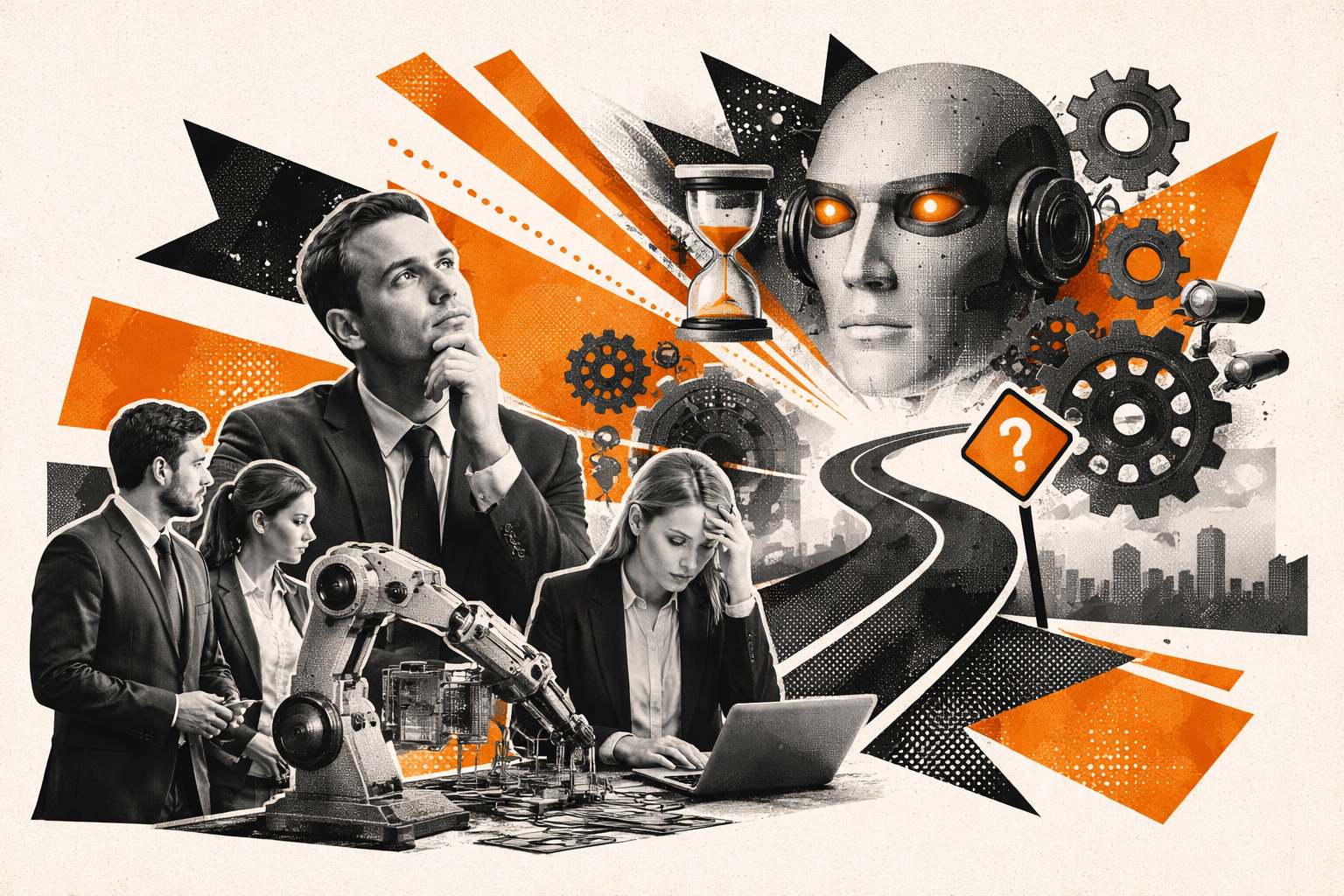 Editorial digital collage, B&W photographic cut-outs, cream paper background, bold geometric colour blocks, constructivist poster influence, surreal symbolic composition, tactile handmade feel, related to the subject of Stuck in Neutral: Why Some UK Businesses Are Falling Behind in the AI Race