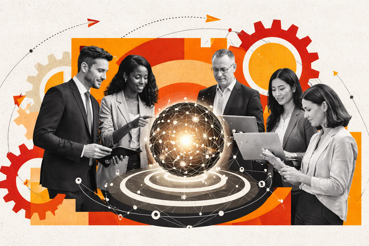 Editorial digital collage, B&W photographic cut-outs, cream paper background, bold geometric colour blocks, constructivist poster influence, surreal symbolic composition, tactile handmade feel, related to the subject of The AI Leadership Halo: A Human-Centric Blueprint for Scalable Transformation