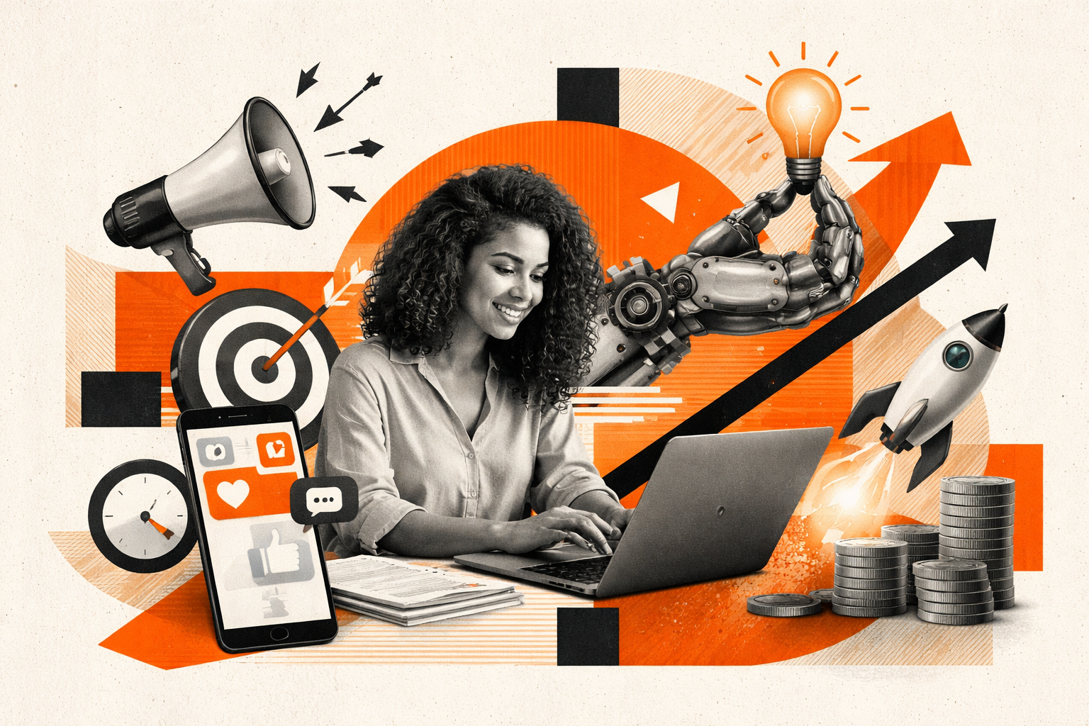 Editorial digital collage, B&W photographic cut-outs, cream paper background, bold geometric colour blocks, constructivist poster influence, surreal symbolic composition, tactile handmade feel, related to the subject of The Power of Automation in Content Creation: How AI Can Make Your Small Business Seem Omnipresent