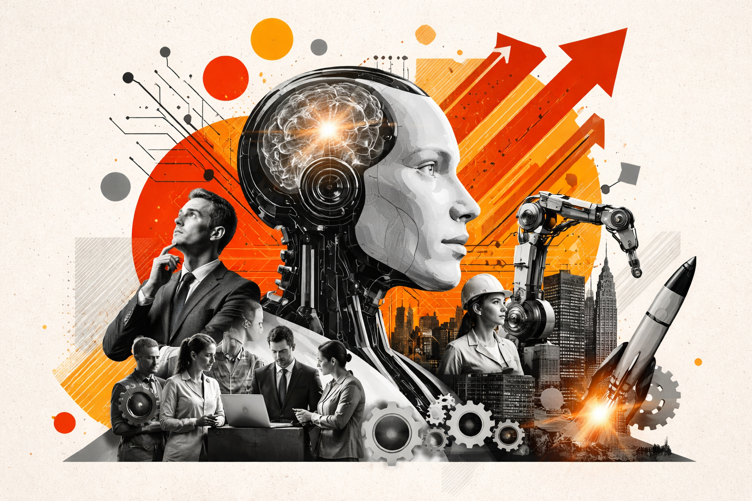 Editorial digital collage, B&W photographic cut-outs, cream paper background, bold geometric colour blocks, constructivist poster influence, surreal symbolic composition, tactile handmade feel, related to the subject of The Race to AGI: When Will We Reach Artificial General Intelligence?