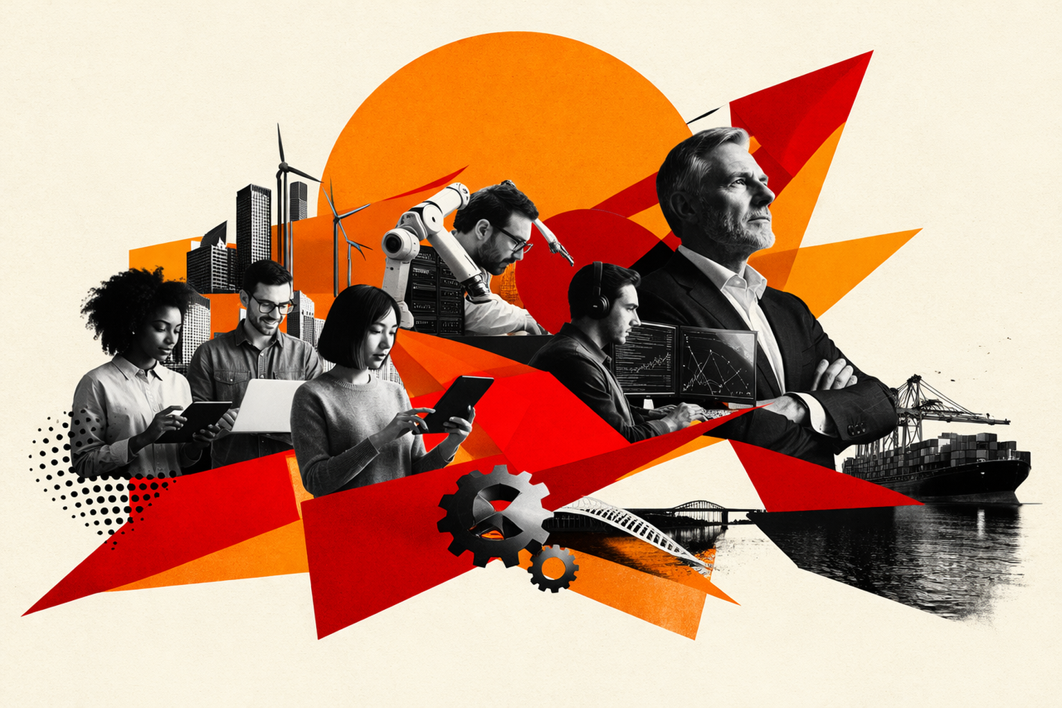 Editorial digital collage, B&W photographic cut-outs, cream paper background, bold geometric colour blocks, constructivist poster influence, surreal symbolic composition, tactile handmade feel, related to the subject of Unlocking the Future: Essential AI Skills for Business Success