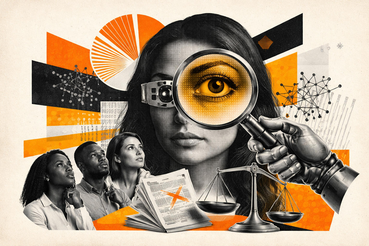 Editorial digital collage, B&W photographic cut-outs, cream paper background, bold geometric colour blocks, constructivist poster influence, surreal symbolic composition, tactile handmade feel, related to the subject of Unmasking Hidden Bias in AI: Journey into Digital Fairness