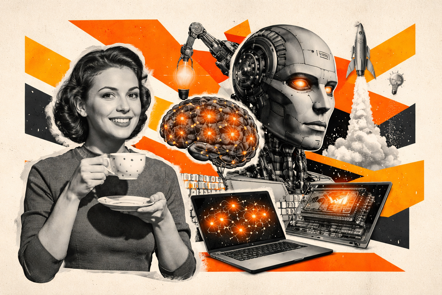 Editorial digital collage, B&W photographic cut-outs, cream paper background, bold geometric colour blocks, constructivist poster influence, surreal symbolic composition, tactile handmade feel, related to the subject of Unravelling AI: Your Cheeky Cuppa-Fuelled Guide to Tech Revolution
